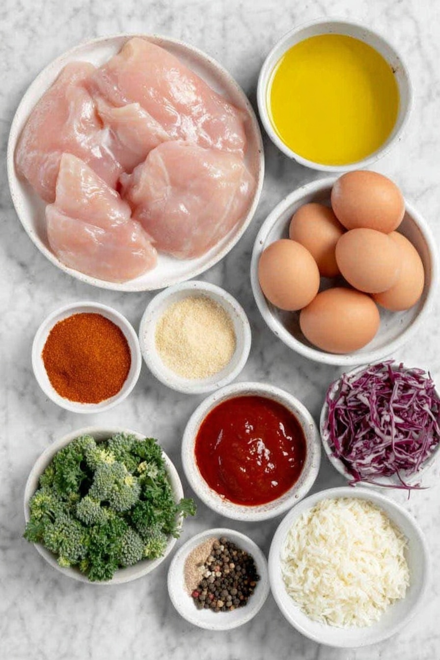 Hot Honey Chicken Bowl Recipe 7 Flat lay of fresh raw chicken breast pieces, a small white bowl of golden olive oil, whole uncracked brown eggs, a small white bowl of bright golden honey, a small white bowl of vivid red hot sauce, a small white bowl of orange-red paprika powder, a small white bowl of light beige garlic powder, a small white bowl of pale onion powder, a small white bowl of fine red pepper flakes, a small white bowl of coarse salt, a small white bowl of black peppercorns, vibrant green broccoli florets, a small pile of shredded deep purple cabbage, fresh bright green parsley sprigs, and a mound of fluffy cooked white rice, all arranged symmetrically on a simple white ceramic plate and bowls, placed on a clean white marble surface, soft natural light, photo taken with an iPhone, professional food photography style, fresh ingredients, white ceramic bowls, no bottles, no duplicates, no utensils, no packaging --ar 2:3 --v 7 --p m7354615311229779997 - Hot Honey Chicken Bowl, flavorful chicken bowl, spicy honey chicken, easy healthy chicken dinner, sweet and spicy chicken bowl