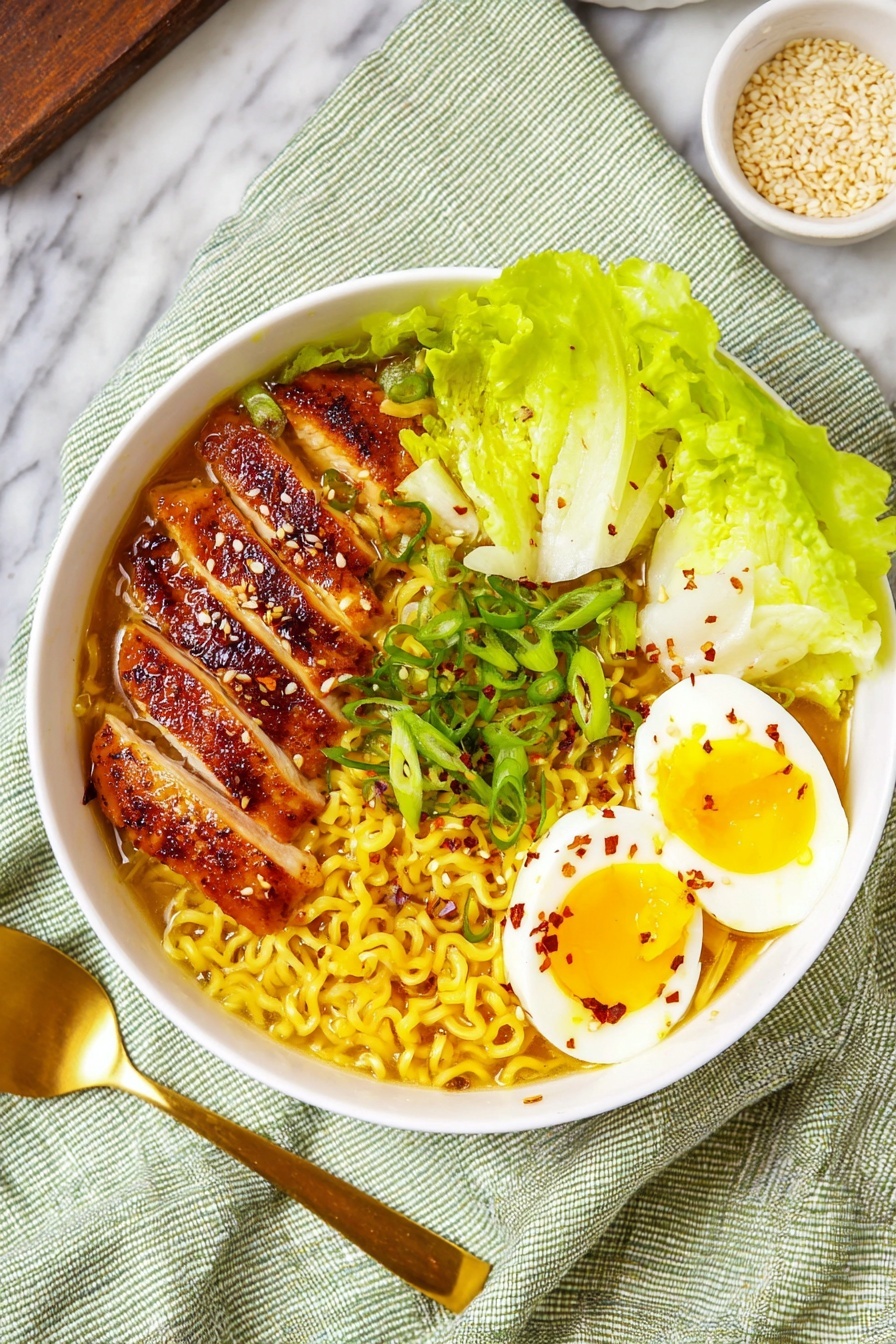 Easy Chicken Ramen Soup Recipe 6 A white bowl filled with three main layers: at the bottom, bright yellow curly noodles soaked in broth, in the middle, golden brown grilled chicken slices topped with white sesame seeds arranged neatly on one side, and on the top right, two halves of a soft-boiled egg with yellow yolks, sprinkled with black pepper and red chili flakes. Fresh green chopped scallions are scattered over the noodles, with crisp pale green lettuce leaves placed behind the egg halves. The bowl sits on a light green cloth with white stripes on a white marbled surface. Nearby, a small white dish contains sesame seeds and a golden spoon rests beside the bowl. photo taken with an iphone --ar 2:3 --v 7 - Easy Chicken Ramen Soup, Chicken Ramen Soup Recipe, Simple Chicken Ramen, Cozy Chicken Ramen, Healthy Chicken Ramen