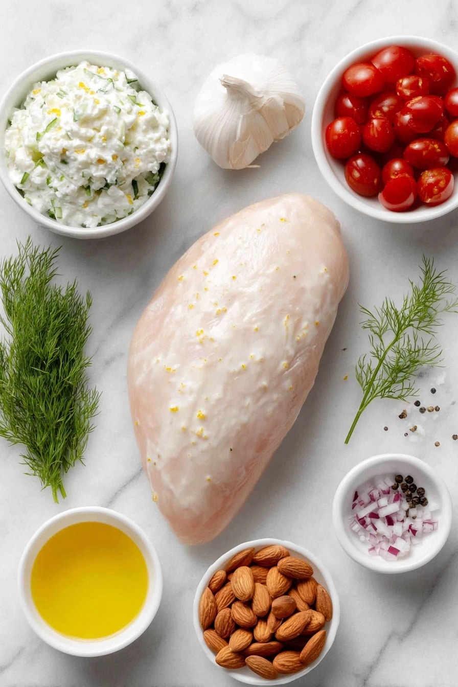 Greek Chicken Salad with Tzatziki Recipe 7 Flat lay of one plump boneless, skinless chicken breast, a small mound of thick creamy plain Greek yogurt in a white ceramic bowl, a small white bowl holding finely shredded seedless cucumber with green skin flecks, fresh bright green dill sprigs, two whole uncracked garlic cloves with smooth white skins, a small white bowl containing vibrant yellow lemon juice, a small white bowl with deep red wine vinegar, a pinch of coarse kosher salt crystals and whole black peppercorns scattered neatly, a handful of chopped celery stalks with pale green color, a heap of glossy red cherry tomatoes diced, a small pile of finely chopped green cucumber pieces, a small white bowl filled with roughly chopped raw almonds showcasing their light brown skins, and a small pile of finely diced purple-red onion pieces — all arranged symmetrically on a clean white marble surface, soft natural light, photo taken with an iPhone, professional food photography style, fresh ingredients, white ceramic bowls, no bottles, no duplicates, no utensils, no packaging --ar 2:3 --v 7 --p m7354615311229779997 - Greek Chicken Salad with Tzatziki, Greek Chicken Salad, Tzatziki Chicken Salad, Mediterranean Chicken Salad, Healthy Greek Salad