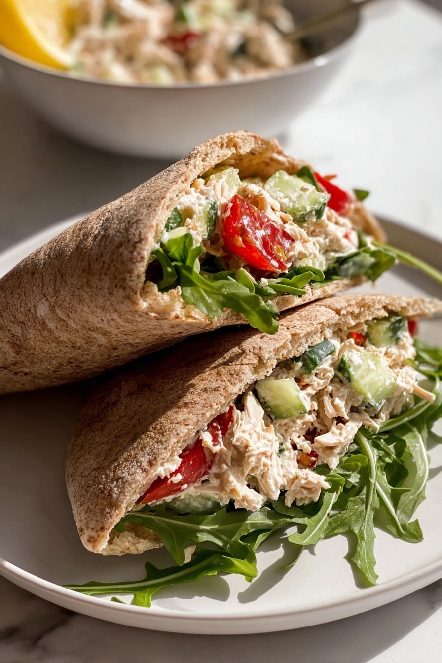 Greek Chicken Salad with Tzatziki Recipe 6 Two halves of a whole wheat pita sandwich are placed on a white plate over a white marbled background. Each half is filled with fresh green arugula at the bottom, topped with a creamy mix that contains shredded chicken, small green cucumber pieces, bright red tomato chunks, and some herbs, all held together by a light dressing. The pita bread has a textured, slightly toasted brown exterior with a soft interior visible near the fillings. A blurred bowl filled with the same creamy chicken mixture is visible in the background. The photo taken with an iphone --ar 2:3 --v 7 - Greek Chicken Salad with Tzatziki, Greek Chicken Salad, Tzatziki Chicken Salad, Mediterranean Chicken Salad, Healthy Greek Salad