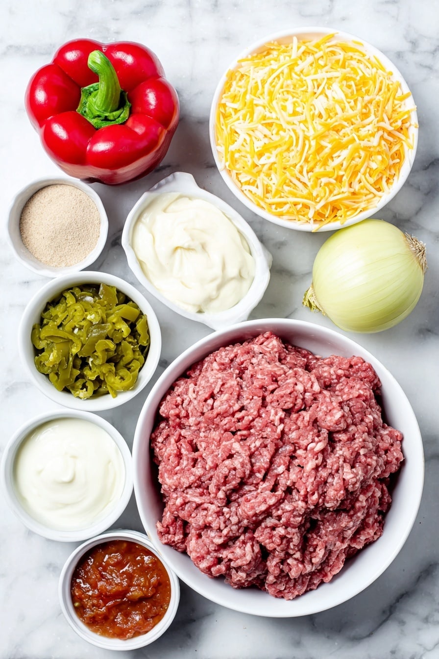 Beef Taco Casserole with Biscuit Topping Recipe 7 Flat lay of fresh lean ground beef in a simple white ceramic bowl, one whole red bell pepper, one whole yellow onion, a small white bowl of taco seasoning powder, a small white bowl with biscuit mix powder, a small white bowl of water, a small white bowl of sour cream, a small white bowl of mayonnaise, a small white bowl of diced green chiles, a small white bowl of garlic powder, a small white bowl of mild salsa, and a small white ceramic bowl filled with shredded cheddar cheese fiesta blend, placed on a clean white marble surface, soft natural light, photo taken with an iPhone, professional food photography style, fresh ingredients, white ceramic bowls, no bottles, no duplicates, no utensils, no packaging --ar 2:3 --v 7 --p m7354615311229779997 - Beef Taco Casserole with Biscuit Topping, easy beef casserole recipes, taco casserole with biscuit crust, hearty weeknight dinner ideas, comfort food casserole