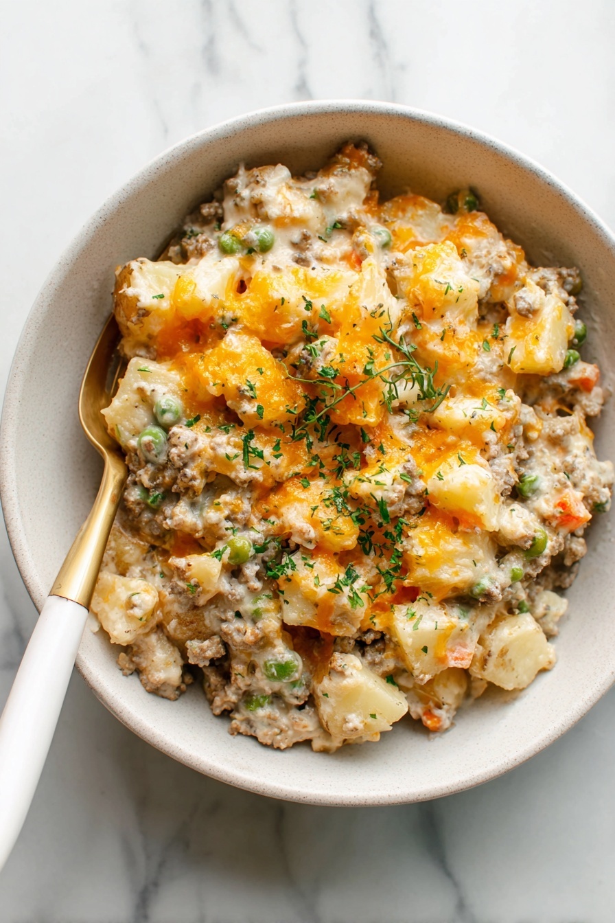 Cheesy Ground Beef and Potato Casserole Recipe 6 A round white bowl filled with a creamy mix of small cubed potatoes, ground meat, and melted orange cheese scattered on top, mixed with small green peas and bits of herbs. The mixture is thick and slightly lumpy, with a light cream color base and touches of green and orange throughout. A gold fork with a white handle rests inside the bowl on the left side. The bowl sits on a white marbled surface. photo taken with an iphone --ar 2:3 --v 7 - Cheesy Ground Beef and Potato Casserole, hearty ground beef casserole, cheesy potato bake, one-dish comfort food, easy dinner casserole