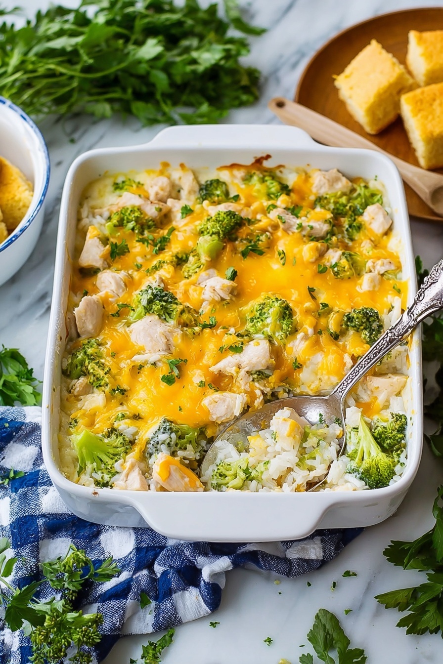 Easy Chicken Broccoli Rice Casserole Recipe 6 This image shows a white rectangular baking dish filled with a three-layer casserole. The bottom layer is white cooked rice, the middle layer is chopped light beige chicken pieces mixed with bright green broccoli florets, and the top layer is melted orange-yellow cheese spread unevenly. A silver spoon with a detailed handle is scooping a portion from the bottom right corner. The dish sits on a white marbled surface with a blue and white checked cloth partly under it. Surrounding the dish are fresh green parsley leaves and a wooden plate with light golden cornbread squares. Photo taken with an iphone --ar 2:3 --v 7 - Easy Chicken Broccoli Rice Casserole, chicken broccoli rice bake, simple chicken and broccoli casserole, quick dinner recipes, hearty rice casserole