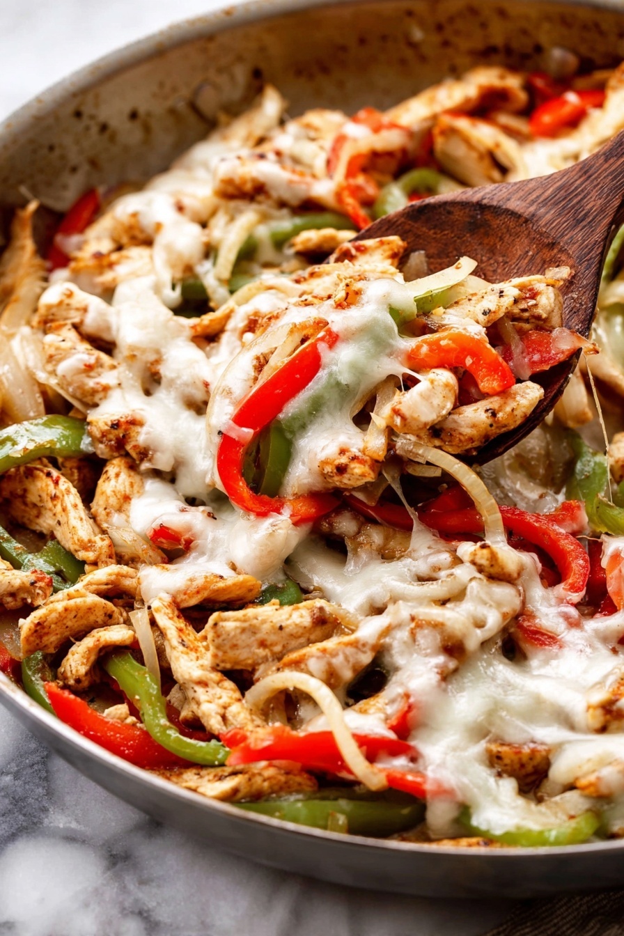 Das Bild zeigt eine Nahaufnahme eines Gerichts mit drei Hauptschichten. Die unterste Schicht hat dünne Streifen von gekochtem Hähnchen in hellbrauner Farbe und einigen Grillspuren. Oben auf dem Huhn liegt eine Mischung aus geschnittenen roten und grünen Paprika sowie gekochten Zwiebeln, die alle weich und leicht glänzend aussehen. Die oberste Schicht hat geschmolzenen weißen Käse, der sich über Huhn und Gemüse verteilt, mit cremiger Textur und einigen sichtbaren Käsestücken. Das Gericht wird auf eine weiß marmorierte Oberfläche gestellt. Foto aufgenommen mit einem iPhone --ar 2:3 --v 7 - Hähnchen-Cheesesteak-Pfanne, einfache Chicken Cheesesteak-Pfanne, Ein-Pfanne-Cheesesteak-Abendessen, schnelles Hähnchenpfanne-Rezept, käsige Hähnchenpfanne