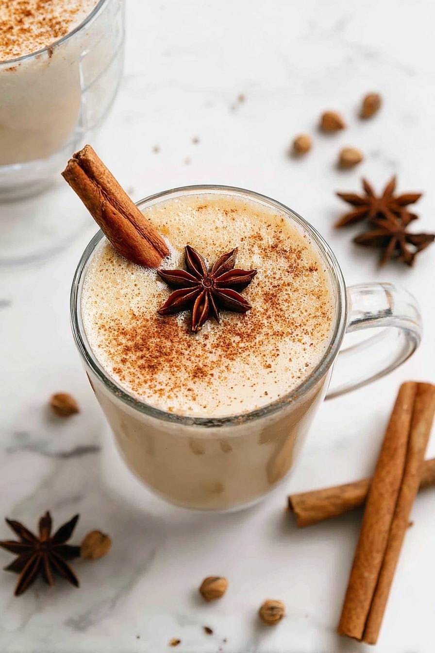 A clear glass mug filled with a light beige creamy drink topped with a dusting of brown cinnamon powder, a dark brown star anise placed near the edge, and a single cinnamon stick standing upright inside the drink. The mug sits on a white marbled surface scattered with whole nutmegs, star anise, and silver jingle bells with black snowflake designs. Another similar drink is partially visible in a glass mug nearby, also topped with cinnamon powder. photo taken with an iphone --ar 2:3 --v 7 - Homemade Eggnog, Eggnog Recipe, Easy Eggnog, Holiday Eggnog, Creamy Eggnog