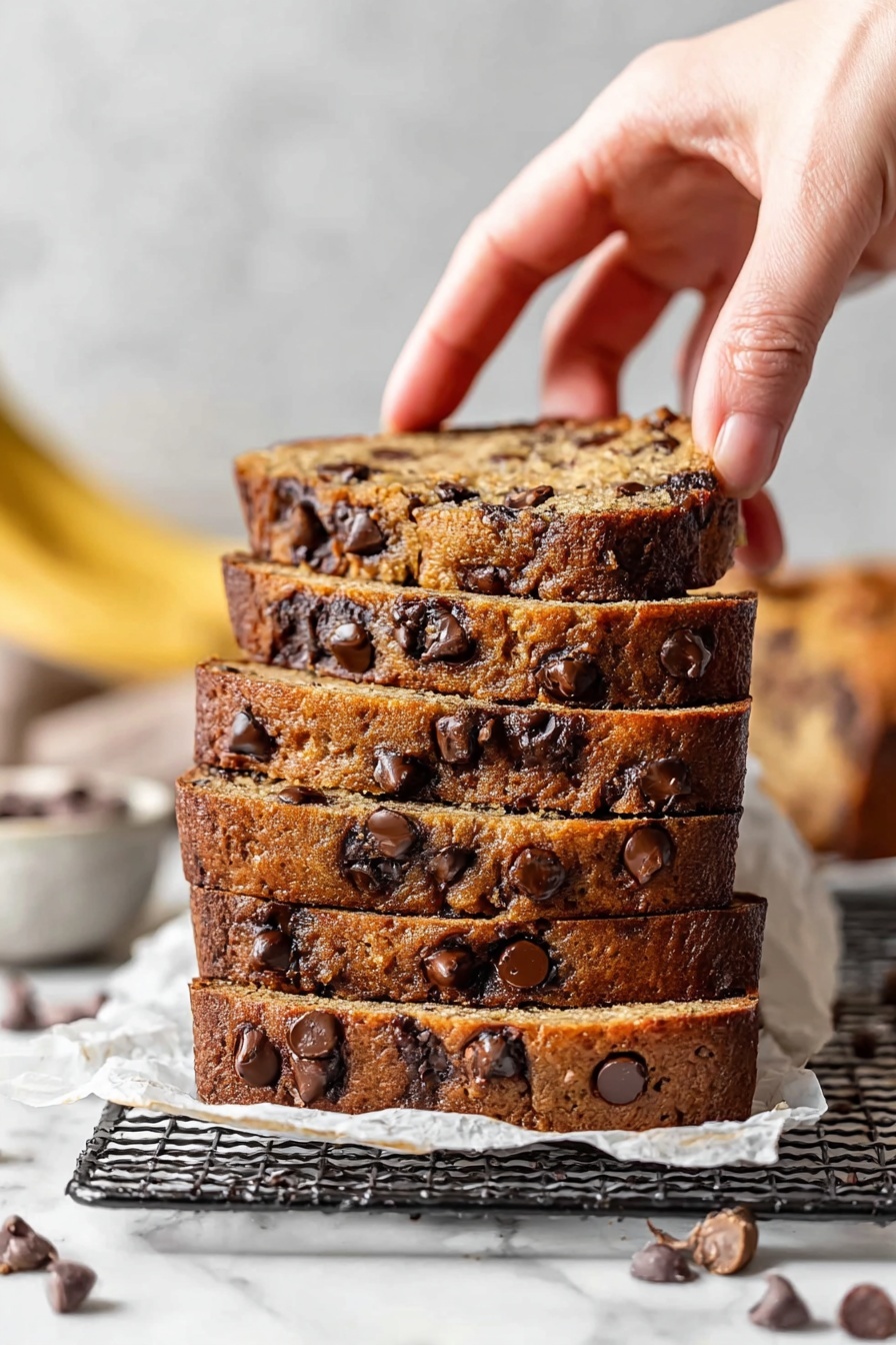 Moist Banana Chocolate Chip Bread Recipe 6 A stack of four thick slices of chocolate chip banana bread resting on white parchment paper on a black wire rack over a white marbled surface. Each slice is dense and golden brown, filled with many dark brown chocolate chips throughout, with some melted and slightly shiny. A woman's hand is lifting the top slice, showing its texture and soft crumb. In the background, there is a blurred yellowish ripe banana on the left side and some more chocolate chip bread slices scattered around, along with a white bowl and some loose chocolate chips in the foreground. Photo taken with an iphone --ar 2:3 --v 7 - Moist Banana Chocolate Chip Bread, banana chocolate bread, moist banana bread with chocolate chips, easy banana bread recipe, banana bread with chocolate