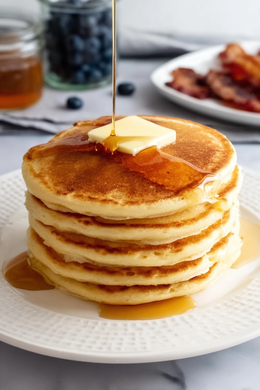 Easy Homemade Pancakes Recipe 8 A stack of seven golden brown pancakes with a soft, fluffy texture is placed in the center of a white plate with a subtle raised pattern around the edge. On the top pancake, there is a square piece of pale yellow butter melting slightly as thick amber syrup is poured over it, dripping down the sides of the stack and pooling onto the plate. The white marbled surface beneath the plate is softly visible, with blurred objects in the background including a jar of blueberries, a glass bottle, and a plate of crispy bacon. Photo taken with an iphone --ar 2:3 --v 7 - Homemade Pancakes, Easy Pancake Recipe, Fluffy Pancakes, Quick Breakfast Pancakes, Best Pancakes from Scratch