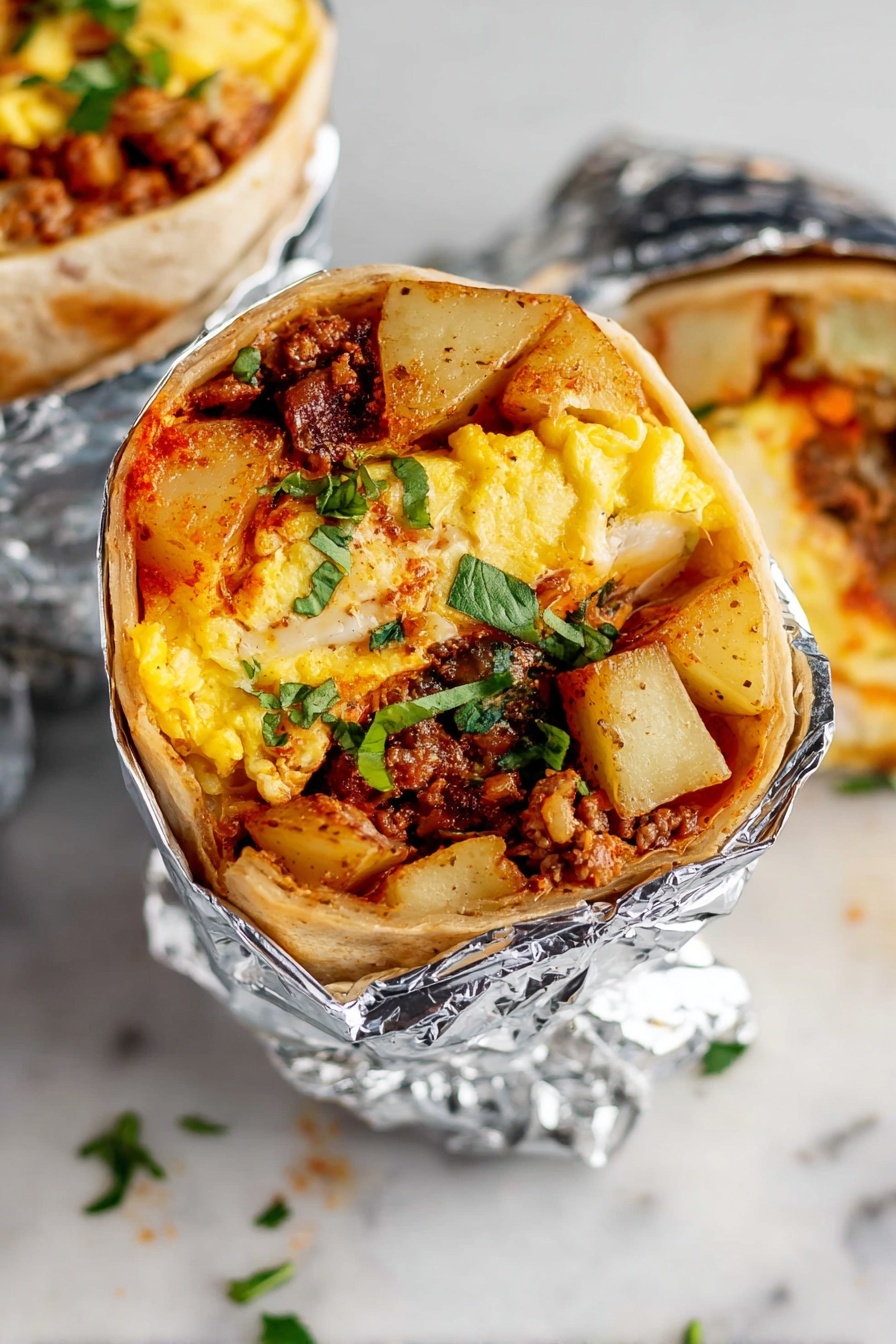 Chorizo Breakfast Burritos Recipe 8 The image shows a close-up of a breakfast burrito wrapped in silver foil, with the top open to reveal its layers. The burrito has a soft, light brown tortilla shell wrapped tightly around the filling. Inside, there are three main visible layers: the top layer is bright yellow scrambled eggs with a soft texture, the middle layer contains golden roasted potato chunks with a slightly crispy look, and the bottom layer has cooked ground meat that is brownish-red and crumbly. Fresh green herbs are sprinkled over the filling, adding contrast and freshness. The burrito is resting on a white marbled surface, and more wrapped burritos are seen nearby. photo taken with an iphone --ar 2:3 --v 7 - Chorizo Breakfast Burritos, breakfast burritos with chorizo, easy breakfast burritos, make-ahead breakfast burritos, spicy breakfast recipes