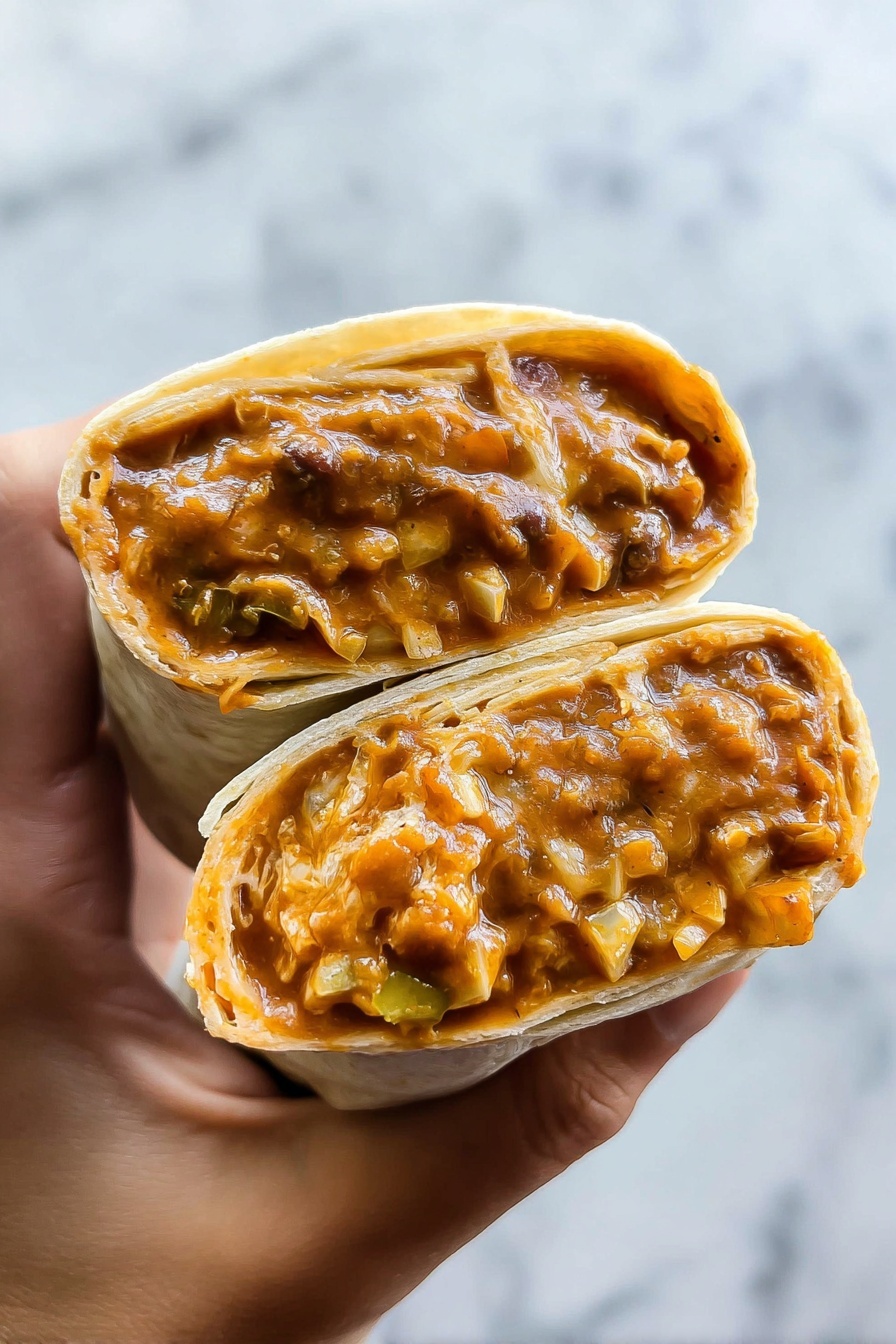 Cheesy Bean Burritos Recipe 6 A close-up image shows two halves of a burrito held by a woman's hand. Each half reveals thick, smooth layers of brownish-orange sauce mixed with small chunks of vegetables and melted cheese. The tortilla wrap is light beige and soft, tightly holding the filling inside. The background is a white marbled texture. Photo taken with an iphone --ar 2:3 --v 7 - Cheesy Bean Burritos, easy bean burritos, quick dinner recipes, comfort food ideas, vegetarian burritos