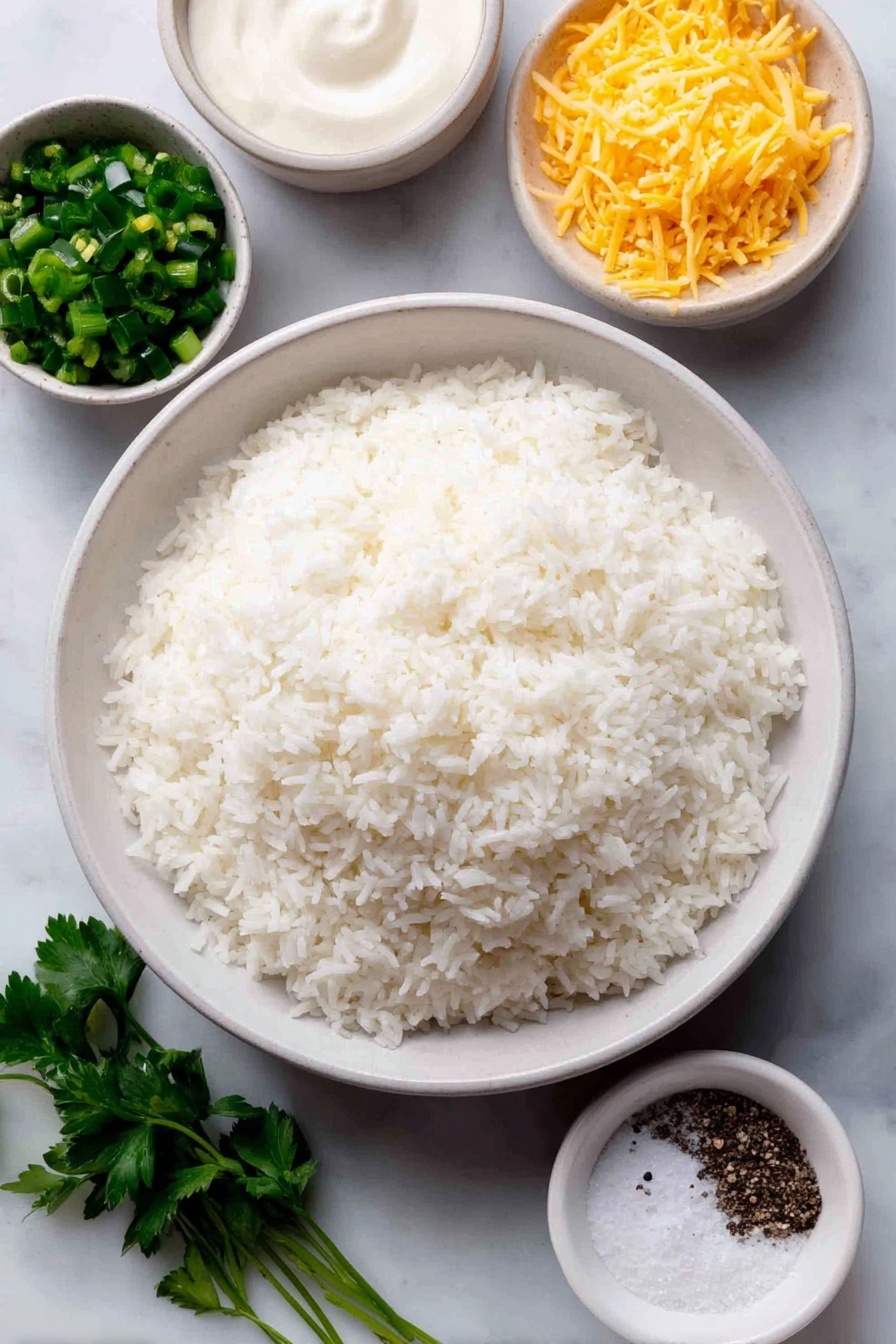 Green Chili Rice Casserole Recipe 7 Flat lay of cooked fluffy white rice in a neat mound, a small white ceramic bowl filled with fresh chopped green chilis, shredded bright orange cheddar cheese scattered in a small pile, a small white bowl of thick creamy sour cream, a small white bowl holding fine white garlic powder, a small white bowl with coarse white salt crystals, a small white bowl containing ground black pepper, fresh green parsley sprigs arranged delicately, all arranged with perfect symmetry on a clean white marble surface, soft natural light, photo taken with an iPhone, professional food photography style, fresh ingredients, white ceramic bowls, no bottles, no duplicates, no utensils, no packaging --ar 2:3 --v 7 --p m7354615311229779997 - Green Chili Rice Casserole, Green Chili Casserole, Southwestern Rice Bake, cheesy rice casserole, easy chili rice dish