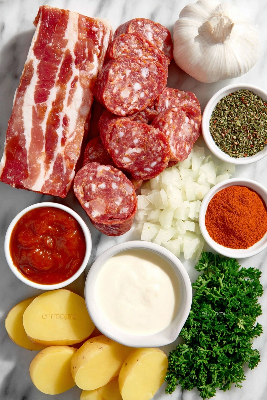 Spicy Chorizo and Potato Soup Recipe 7 Flat lay of chopped raw bacon with crispy edges, diced spicy chorizo sausage, a whole large white onion finely diced in a small pile, three whole garlic cloves next to minced garlic, a small white ceramic bowl filled with rich red tomato paste, another small bowl with vibrant smoked paprika powder, a separate small bowl of bright red paprika powder, a tiny bowl holding fine cayenne pepper powder, quartered and sliced peeled yellow potatoes arranged neatly, a small white bowl of smooth heavy cream, fresh sprigs of chopped bright green parsley scattered elegantly, all placed on a clean white marble surface, soft natural light, photo taken with an iPhone, professional food photography style, fresh ingredients, white ceramic bowls, no bottles, no duplicates, no utensils, no packaging --ar 2:3 --v 7 --p m7354615311229779997 - Spicy Chorizo and Potato Soup, flavorful chorizo potato soup, hearty smoky potato soup, spicy sausage and potato soup, comforting chorizo soup