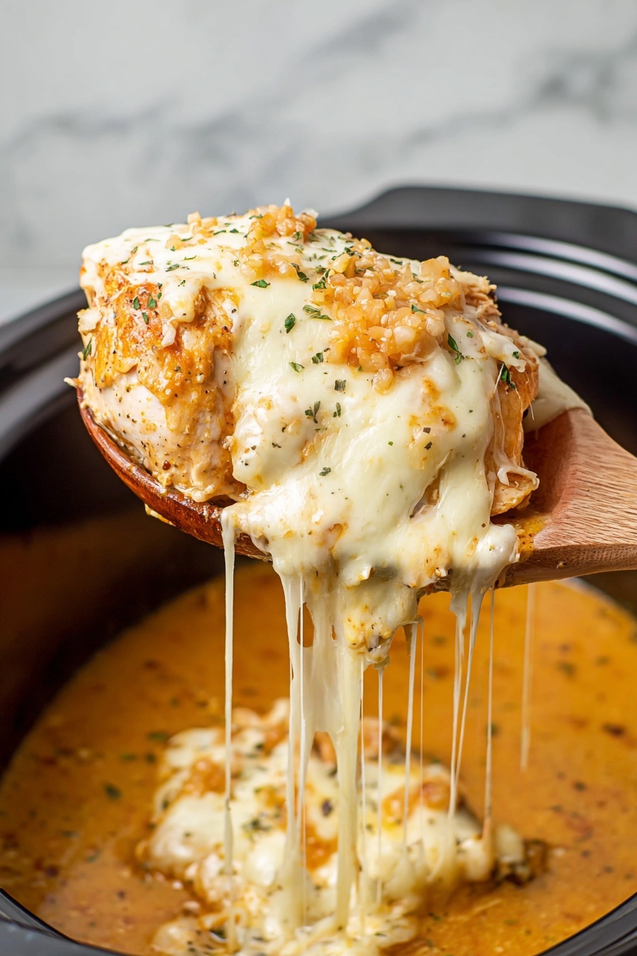 French Onion Chicken Crock Pot Recipe 8 A wooden spoon lifts a piece of cooked chicken topped with two layers of melted cheese. The bottom layer is creamy white melted cheese that stretches down in long strings, while the top layer is an orange cheese sauce with small bits and sprinkled herbs. The chicken piece is light brown and sits over a thick orange sauce in a black slow cooker. The background is a white marbled texture. Photo taken with an iphone --ar 2:3 --v 7 - French Onion Chicken Crock Pot, slow cooker French onion chicken, easy crock pot chicken recipes, comforting chicken dinner, flavorful slow cooker meals