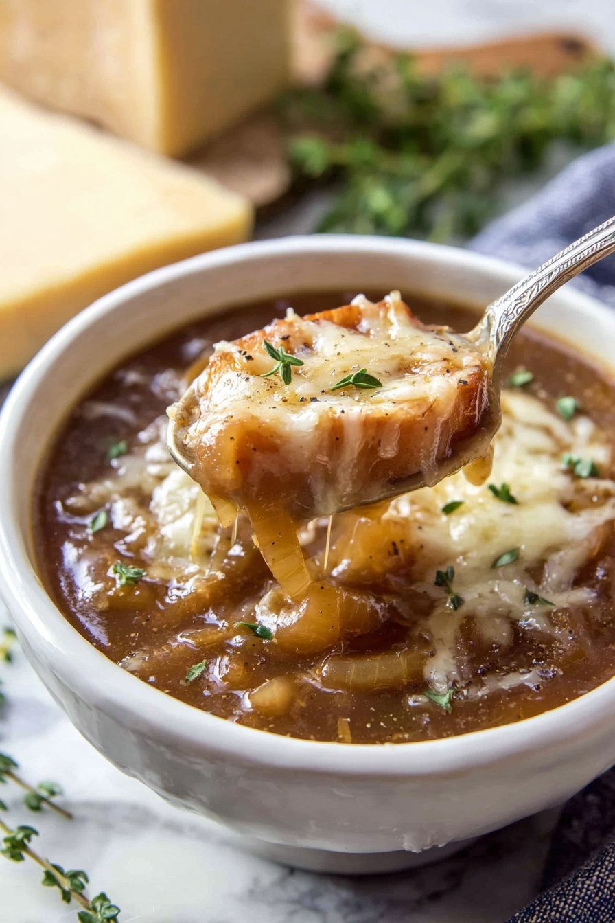 French Onion Noodle Soup Recipe 8 The image shows a close-up of a white bowl filled with thick brown onion soup topped with melted shredded cheese and small green herb leaves. A spoon is lifted from the bowl, holding a portion of the soup with softened yellow onion slices coated in the rich broth. The bowl sits on a white marbled surface, and in the background, fresh green herbs and a wedge of pale yellow cheese are slightly blurred. The soup looks warm and hearty with glossy, textured layers of broth, onions, and melted cheese photo taken with an iphone --ar 2:3 --v 7 - French Onion Noodle Soup, onion noodle soup, comforting French onion dish, easy French onion soup, cozy noodle soup