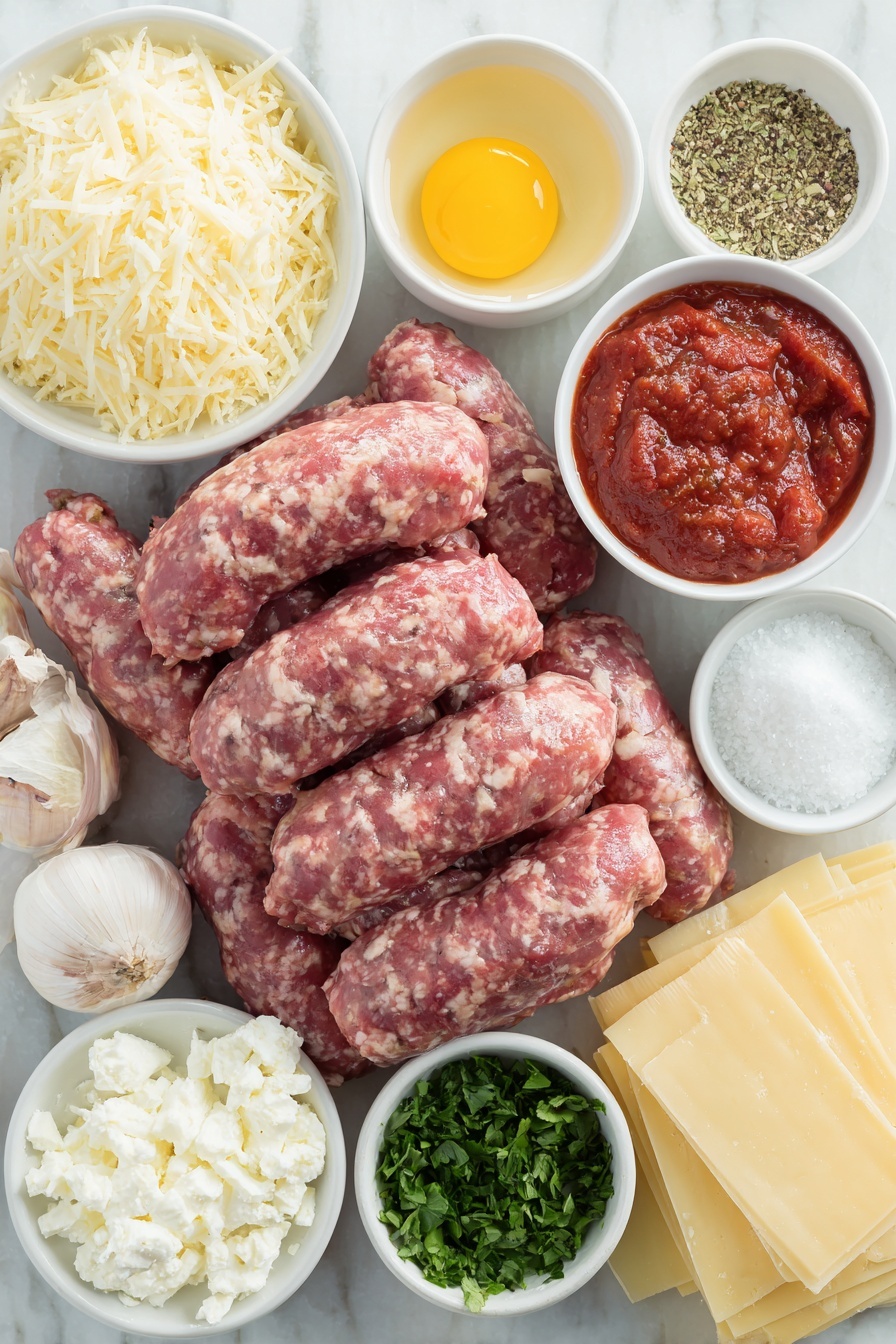 Homemade Italian Sausage Lasagna Recipe 7 Flat lay of sweet Italian sausage links, raw ground beef in a small white bowl, a small white bowl with minced onion, two whole uncracked garlic cloves, a small white bowl filled with crushed bright red tomatoes, two small white bowls each with thick red tomato paste and smooth tomato sauce, a small white bowl with white sugar crystals, a small white bowl with dried green basil leaves, a small white bowl containing fennel seeds, a small white bowl with Italian seasoning herbs, a small white bowl holding coarse salt, a small white bowl with ground black pepper, a small white bowl of fresh chopped parsley, a neat stack of pale yellow uncooked flat rectangular lasagna noodles, a small white bowl of creamy white ricotta cheese, one whole uncracked brown egg, neatly sliced mozzarella cheese arranged in a small white dish, a small white bowl of finely grated pale golden Parmesan cheese placed on a clean white marble surface, soft natural light, photo taken with an iPhone, professional food photography style, fresh ingredients, white ceramic bowls, no bottles, no duplicates, no utensils, no packaging --ar 2:3 --v 7 --p m7354615311229779997 - Homemade Italian Sausage Lasagna, Italian sausage lasagna recipe, hearty lasagna dinner, cheesy homemade lasagna, Italian comfort food