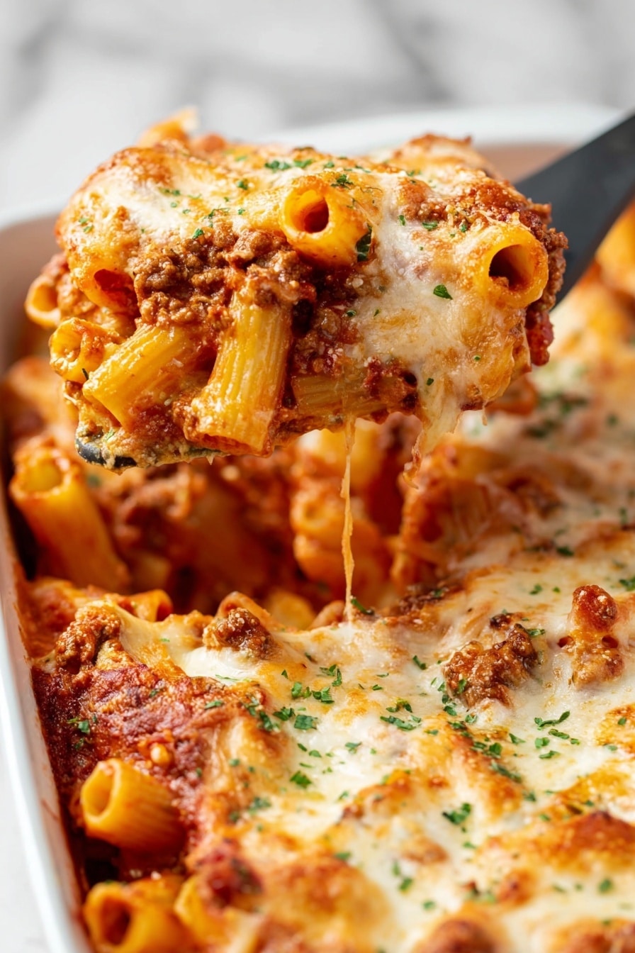 Creamy Baked Ziti with Italian Sausage Recipe 6 A close-up view of a baked pasta casserole being lifted from a white baking dish with a black spatula. The dish has three main layers: the bottom layer is firm pasta tubes in a reddish-orange tomato and meat sauce; the middle layer contains more pasta with a thick, mixed meat and tomato sauce; the top layer is melted golden-brown cheese with some browned spots and sprinkled green herbs. The pasta looks soft and mixed in the sauce, with melted cheese stretching slightly as it is lifted. The background shows more of the same pasta bake in the baking dish, all set against a white marbled surface. Photo taken with an iphone --ar 2:3 --v 7 - Creamy Baked Ziti with Italian Sausage, baked ziti recipe, cheesy pasta bake, Italian sausage pasta, comfort food recipes