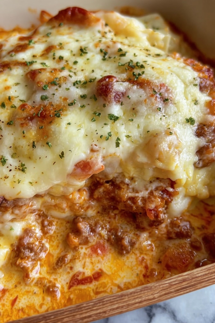 Cheesy Baked Tortellini Casserole with Meat Sauce Recipe 6 The image shows a close-up of a cheesy baked dish with visible layers. The top layer is a golden melted cheese with white and yellow tones, sprinkled with small green herbs. Below the cheese layer is a thick, creamy orange sauce mixed with pieces of browned meat and bits of tomato, creating a textured, chunky layer. The dish sits on a white marbled surface with a wooden board partially visible at the bottom right. Photo taken with an iphone --ar 2:3 --v 7 - Cheesy Baked Tortellini with Meat Sauce, cheesy baked tortellini casserole, easy tortellini bake recipe, comfort food pasta dish, hearty meat and cheese pasta