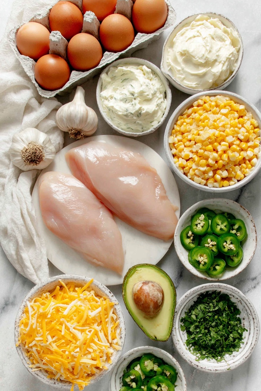 Creamy Crockpot White Chicken Chili Recipe 7 Flat lay of boneless skinless chicken breasts with trimmed fat, a whole yellow onion, two whole uncracked brown eggs, two garlic bulbs with cloves separated, two small white ceramic bowls—one filled with creamy softened cream cheese, another with half and half, a small white ceramic bowl of golden whole kernel corn, a small white ceramic bowl of drained great Northern beans, two small white ceramic bowls containing diced green chiles (one mild, one hot), a small bunch of fresh cilantro sprigs, a small white ceramic bowl with sliced fresh jalapenos, a halved avocado showing bright green flesh, a small white ceramic bowl of shredded Monterey Jack cheese, and a small white ceramic bowl of finely minced fresh cilantro, all arranged symmetrically and balanced, placed on a clean white marble surface, soft natural light, photo taken with an iPhone, professional food photography style, fresh ingredients, white ceramic bowls, no bottles, no duplicates, no utensils, no packaging --ar 2:3 --v 7 --p m7354615311229779997 - Creamy Crockpot White Chicken Chili, white chicken chili, slow cooker chicken chili, easy white chicken chili, comforting chicken chili