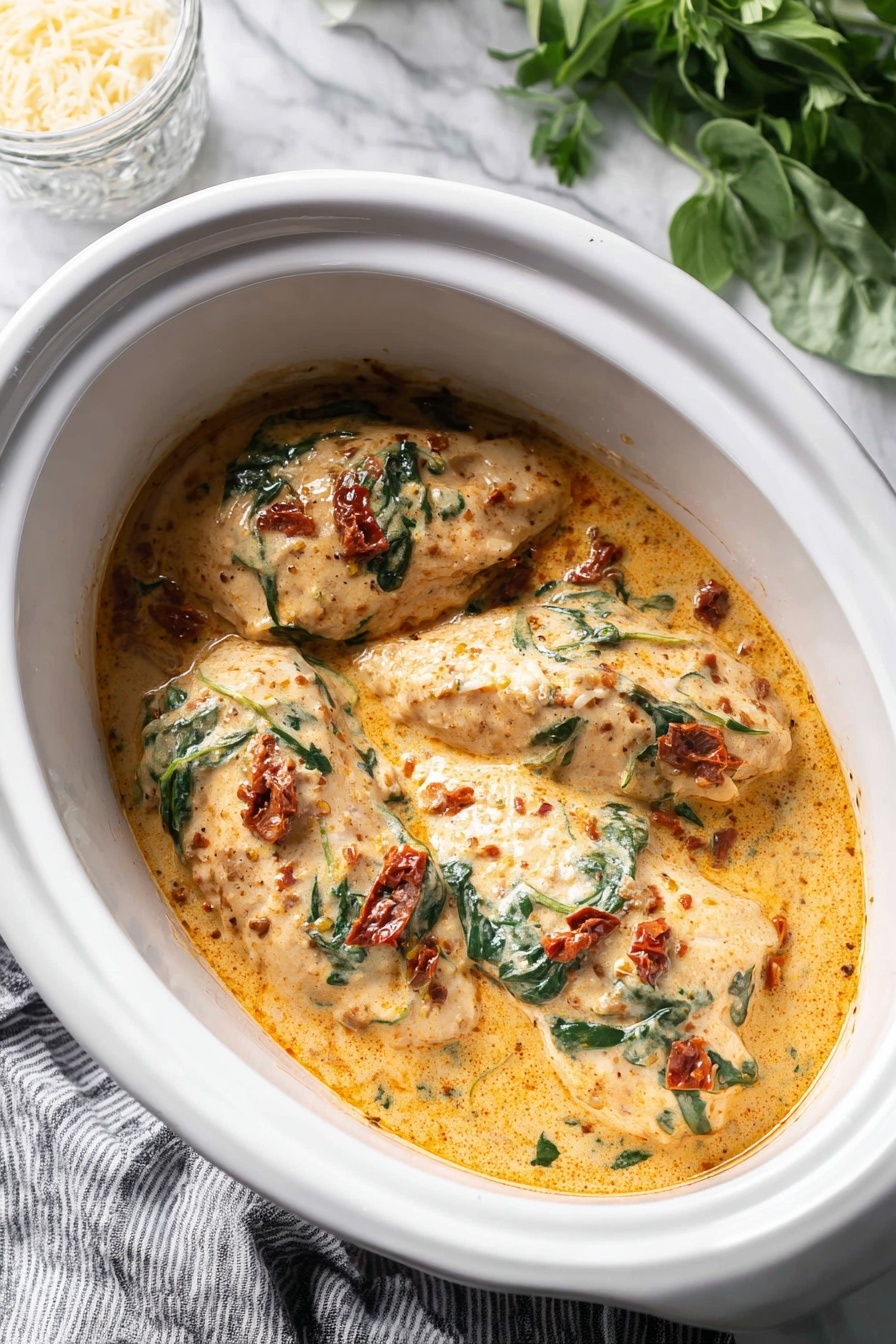Creamy Tuscan Chicken in Crockpot Recipe 6 The image shows a white slow cooker filled with four pieces of pale creamy chicken, covered in a thick orange and white sauce with visible green spinach leaves and small pieces of sun-dried tomatoes scattered on top. The sauce has a smooth texture with tiny specks of seasoning. The slow cooker sits on a white marbled surface, next to a striped grey cloth. A glass with grated cheese is visible in the background, and some green leafy herbs are slightly out of focus. Photo taken with an iphone --ar 2:3 --v 7 - Creamy Tuscan Chicken, Crockpot Tuscan Chicken, Easy Creamy Chicken Dinner, Slow Cooker Tuscan Chicken, Flavorful Chicken Recipes