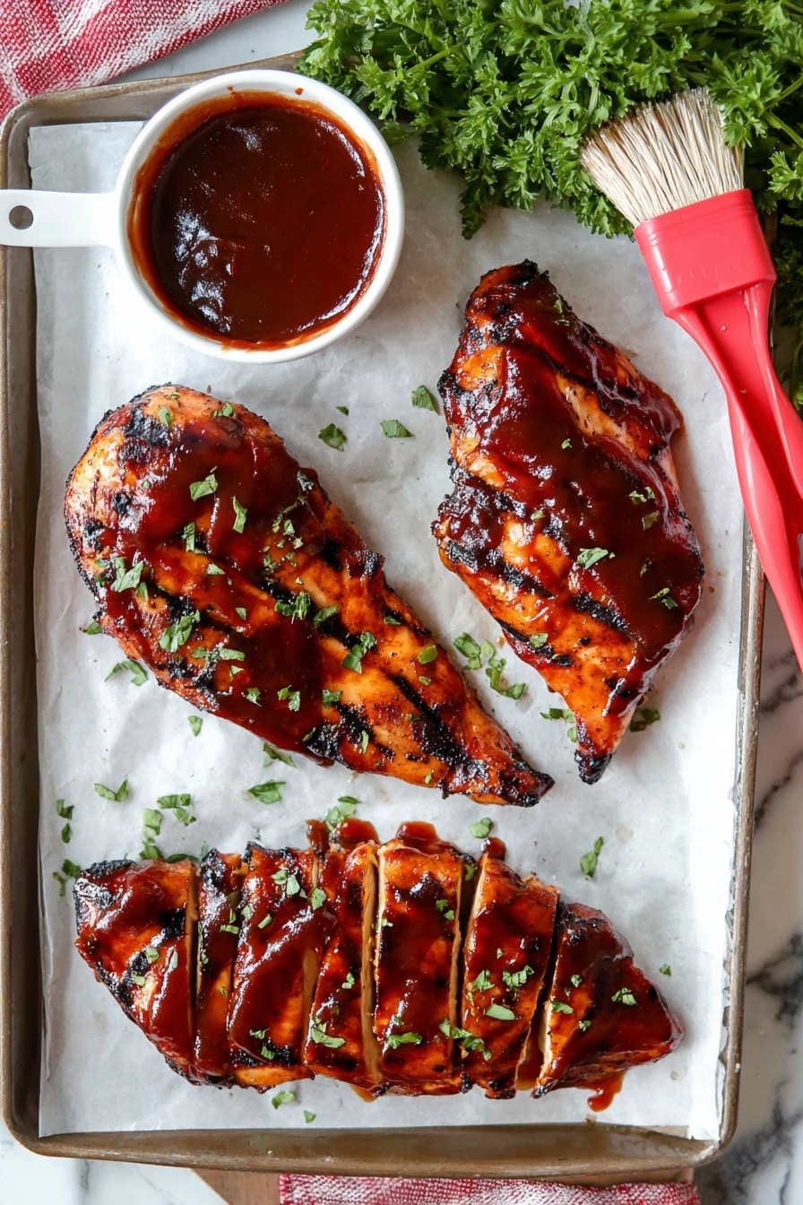 Oven BBQ Chicken Breast Recipe 8 The image shows two pieces of grilled chicken with a shiny, dark reddish-brown sauce glaze on top. One chicken piece remains whole, placed towards the top left, while the other is sliced into four thick pieces laid out in a row below it, showing the light interior. Small green herb leaves are scattered over the chicken, adding some color contrast. To the left, there is a small clear glass bowl filled with a similar dark sauce. A red and white spatula lies in the background on a white marbled surface, with some sauce spots nearby. The scene is bright and clear with an inviting presentation photo taken with an iphone --ar 2:3 --v 7 - Oven BBQ Chicken Breast, BBQ Chicken Breast Recipe, Easy Oven Chicken Recipes, Juicy Baked Chicken Breast, Smoky BBQ Chicken