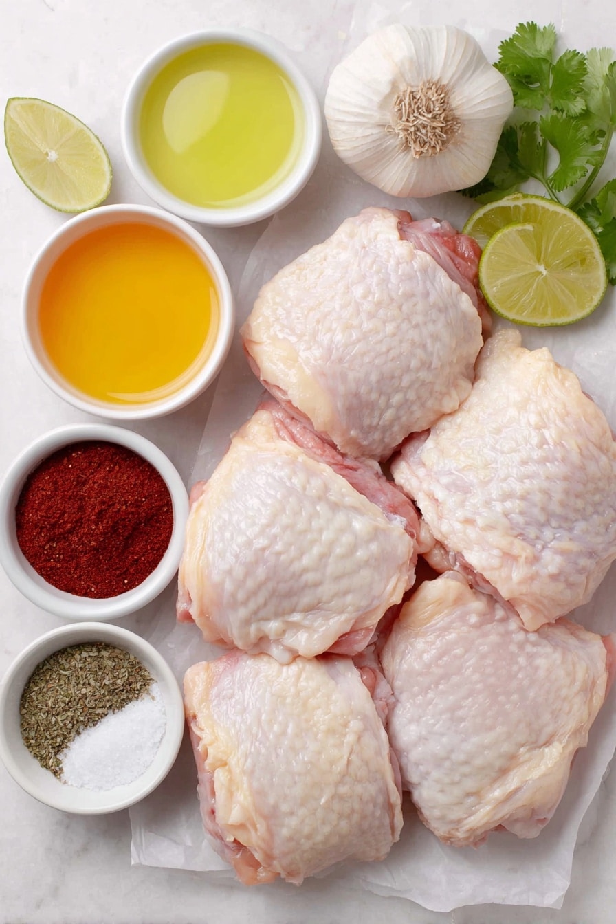 Easy Pollo Asado Recipe 7 Flat lay of fresh bone-in chicken thighs with skin on, a small white bowl of bright orange juice, a small white bowl of pale green lime juice, a small white bowl of golden olive oil, three whole uncracked garlic cloves, a small white bowl of deep red achiote powder, a small white bowl of ground cumin, a small white bowl of ground coriander, a small white bowl of dried oregano leaves, a small white bowl of coarse sea salt, a small white bowl of ground black pepper, a few lime wedges, and a small bunch of fresh green cilantro leaves placed on a clean white marble surface, soft natural light, photo taken with an iPhone, professional food photography style, fresh ingredients, white ceramic bowls, no bottles, no duplicates, no utensils, no packaging --ar 2:3 --v 7 --p m7354615311229779997 - Easy Pollo Asado, flavorful chicken marinade, grilled chicken recipe, oven roasted pollo asado, quick chicken dinner