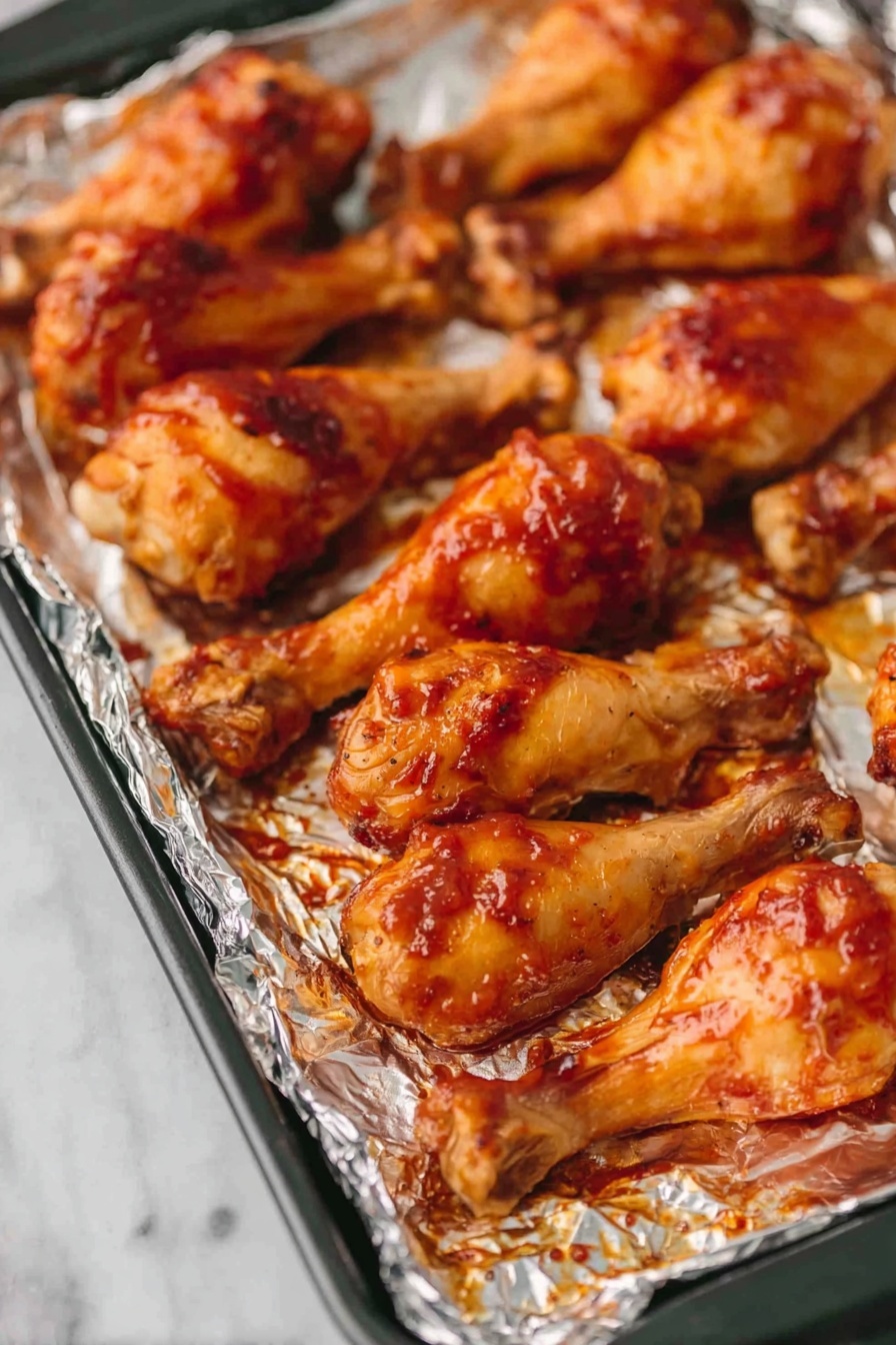 Slow Cooker BBQ Chicken Drumsticks Recipe 8 A tray covered with shiny silver foil holds several cooked chicken drumsticks arranged in one close row. Each drumstick has a golden-brown, slightly crispy texture with a shiny reddish glaze sauce on top, giving a sticky look. The foil reflects some of the light, showing grease spots around the chicken. The background is a white marbled surface. photo taken with an iphone --ar 2:3 --v 7 - Slow Cooker BBQ Chicken Drumsticks, BBQ chicken drumstick recipe, easy crockpot chicken, juicy slow cooker chicken, crispy baked chicken drumsticks