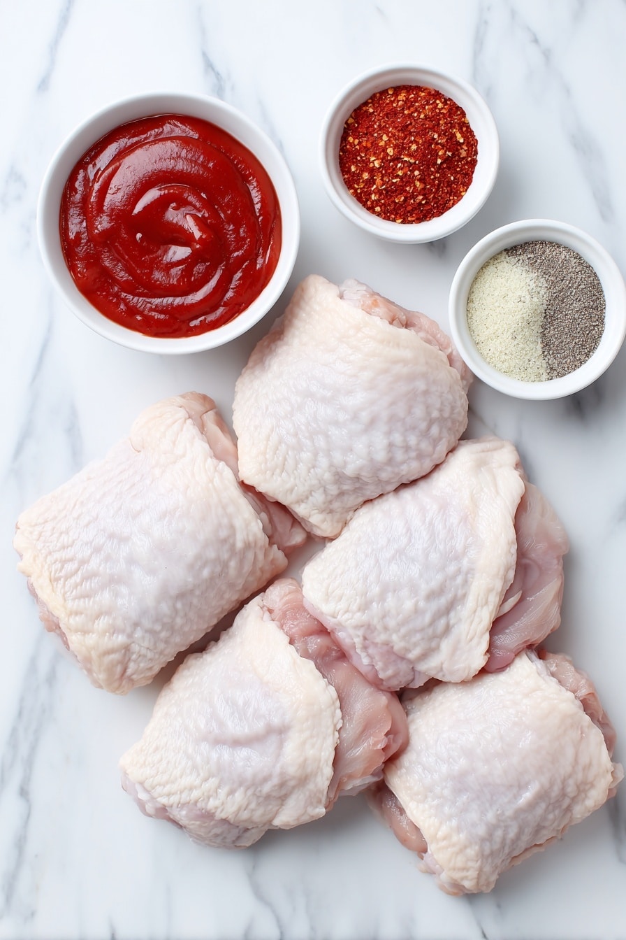 Air Fryer BBQ Chicken Thighs Recipe 7 Flat lay of six raw bone-in chicken thighs with skin, a small white bowl of red barbecue sauce, a small white bowl containing a mix of red chili powder, garlic powder, onion powder, black pepper, and salt, all arranged with perfect symmetry on a clean white marble surface, soft natural light, photo taken with an iPhone, professional food photography style, fresh ingredients, white ceramic bowls, no bottles, no duplicates, no utensils, no packaging --ar 2:3 --v 7 --p m7354615311229779997 - Air Fryer BBQ Chicken Thighs, easy BBQ chicken, crispy chicken thighs, quick air fryer chicken, juicy BBQ chicken recipe