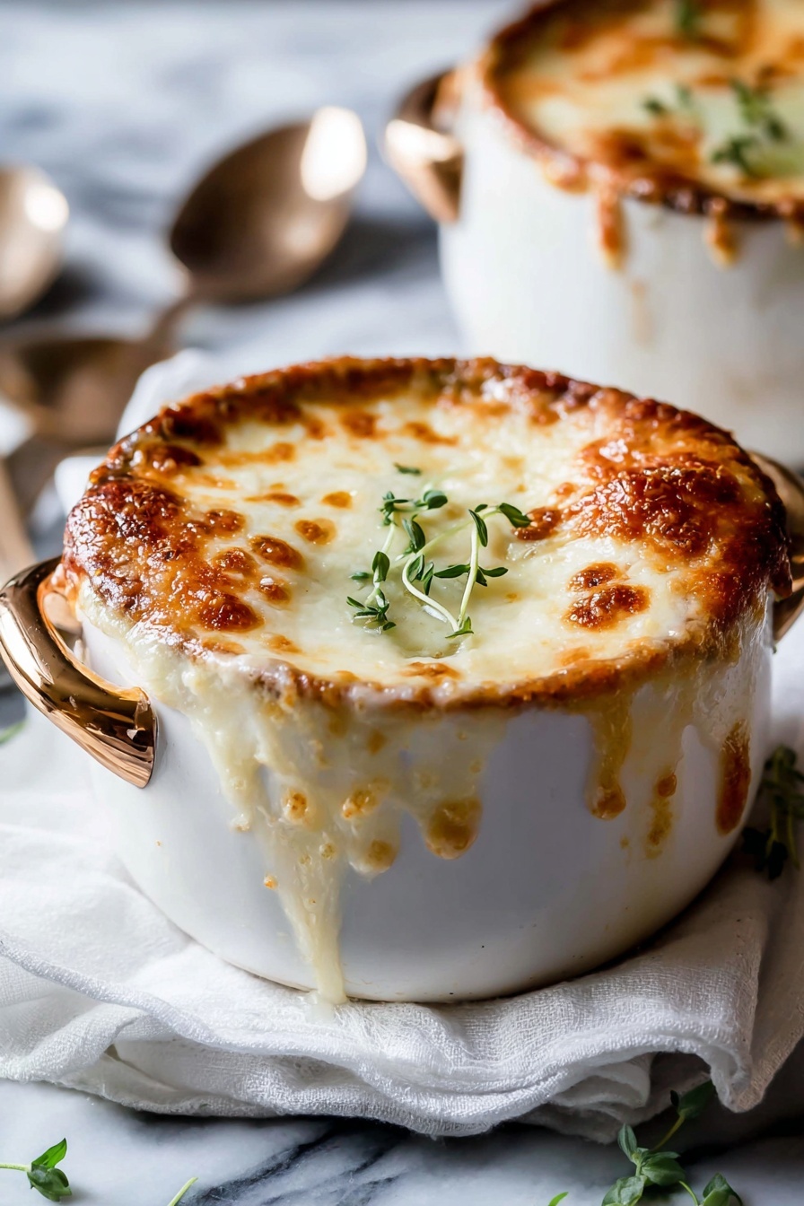 Easy French Onion Soup with Melted Cheese Recipe 8 A shiny copper pot with two handles holds a thick, creamy soup or stew that is light golden in color with a slightly lumpy texture. A spoon is scooping the soup from the pot, with a drip falling back into it. The soup appears rich and warm, with some darker brown crispy edges visible inside the pot. A woman's hand is holding the spoon on the right side of the image. The background is blurred and dark, making the pot and soup stand out clearly on a white marbled surface. photo taken with an iphone --ar 2:3 --v 7 - Easy French Onion Soup with Melted Cheese, French Onion Soup recipe, cheesy onion soup, caramelized onion soup, homemade French onion soup