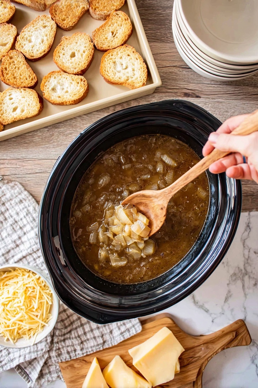 Slow Cooker French Onion Soup Recipe 6 A black slow cooker filled with a thick, brown onion soup with visible cooked onion slices. A woman's hand is holding a wooden spoon lifting a portion of the soup from the cooker. To the left, toasted light brown slices of bread are arranged on a beige tray above a wooden surface with a white marbled texture. Below the tray, a small white bowl filled with shredded pale yellow cheese and some slices of light yellow cheese with holes rest on a wooden chopping board. To the right of the slow cooker are stacked white bowls and a light-colored cloth with a checkered pattern under the cooker. Photo taken with an iphone --ar 2:3 --v 7 - Slow Cooker French Onion Soup, French Onion Soup Recipe, Easy French Onion Soup, Homemade Onion Soup, Slow Cooker Soup Recipes