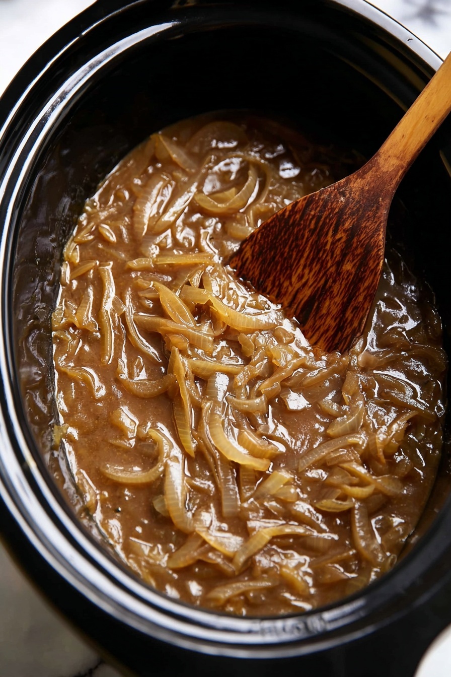 Slow Cooker French Onion Soup Recipe 8 A close-up view inside a black slow cooker filled with soft cooked onions in a thick, brown sauce, showing many translucent, light brown onion slices mixed evenly in a rich, glossy gravy. On the right side, a wooden spoon with a worn, darker brown tip lies partially submerged among the onions. The slow cooker sits on a surface with a white marbled texture. photo taken with an iphone --ar 2:3 --v 7 - Slow Cooker French Onion Soup, homemade French onion soup, easy onion soup recipe, comforting crockpot French onion, caramelized onion soup