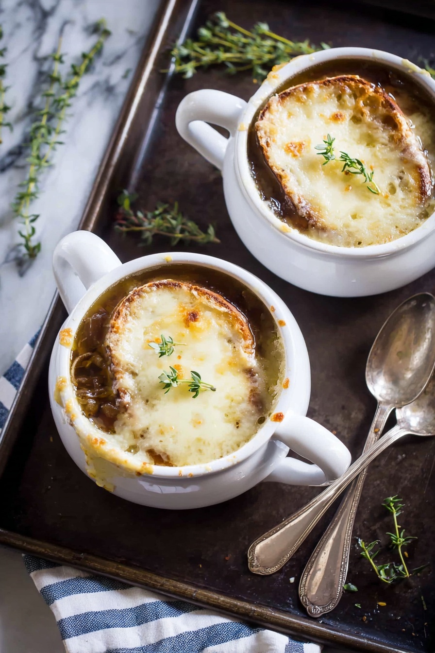 French Onion Soup with Caramelized Onions Recipe 6 Two white handled bowls hold French onion soup, each layered with dark brown broth at the bottom, topped by soft golden-brown toasted bread slices covered with melting, bubbly, browned cheese. A fresh green sprig of thyme rests on the cheese in each bowl. The bowls sit on a dark baking tray with a few green thyme sprigs nearby and two silver spoons are placed on the right. A white cloth with blue stripes is partly visible under the tray. The background is a white marbled texture. Photo taken with an iphone --ar 2:3 --v 7 - French Onion Soup with Caramelized Onions, caramelized onion soup, French onion soup, savory onion soup, comfort food recipes