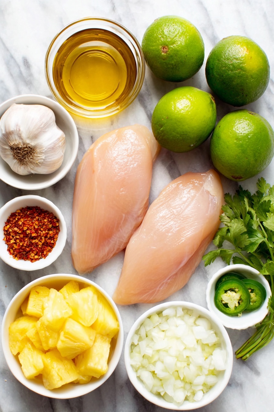 Caribbean Jerk Chicken with Pineapple Salsa Recipe 7 Flat lay of four boneless skinless chicken breasts, a small white ceramic bowl of golden olive oil, two fresh whole limes, a small white ceramic bowl of minced garlic, a small white ceramic bowl of dark soy sauce, a small white ceramic bowl of onion powder, a small white ceramic bowl of whole nutmeg nut, a small white ceramic bowl of whole allspice berries, a small white ceramic bowl of crushed red pepper flakes, a small white ceramic bowl of golden honey, a small white ceramic bowl of diced bright yellow pineapple, half a fresh white onion diced, a small bunch of bright green roughly chopped cilantro, one fresh green jalapeno pepper sliced, all ingredients arranged symmetrically on a clean white marble surface, soft natural light, photo taken with an iPhone, professional food photography style, fresh ingredients, white ceramic bowls, no bottles, no duplicates, no utensils, no packaging --ar 2:3 --v 7 --p m7354615311229779997 - Caribbean Jerk Chicken with Pineapple Salsa, Caribbean jerk chicken recipe, pineapple salsa recipe, spicy jerk chicken, tropical chicken dinner