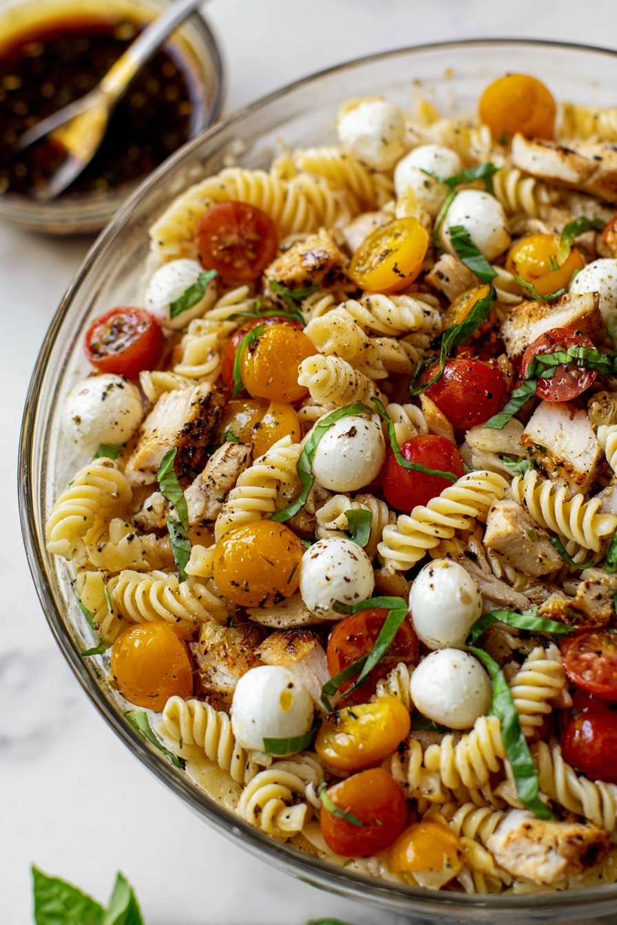 Grilled Chicken Caprese Pasta Salad Recipe 6 This image shows a close-up of a pasta salad in a clear glass bowl on a white marbled surface. The dish has about four main layers: the first layer consists of light yellow rotini pasta, twisted and curly. Scattered throughout are small white mozzarella balls with black pepper specks and several bright orange and red cherry tomato halves. There are chunks of grilled chicken with a browned exterior spread evenly. Thin green basil leaves are mixed in and placed on top for decoration. The salad appears lightly coated with a dressing causing a slight shine, and coarse black pepper is sprinkled over everything. In the blurry background, there is a glass bowl with a dark sauce with a spoon. Photo taken with an iphone --ar 2:3 --v 7 - Grilled Chicken Caprese Pasta Salad, easy pasta salad recipes, summer pasta salad, Mediterranean pasta salad, healthy chicken pasta dishes