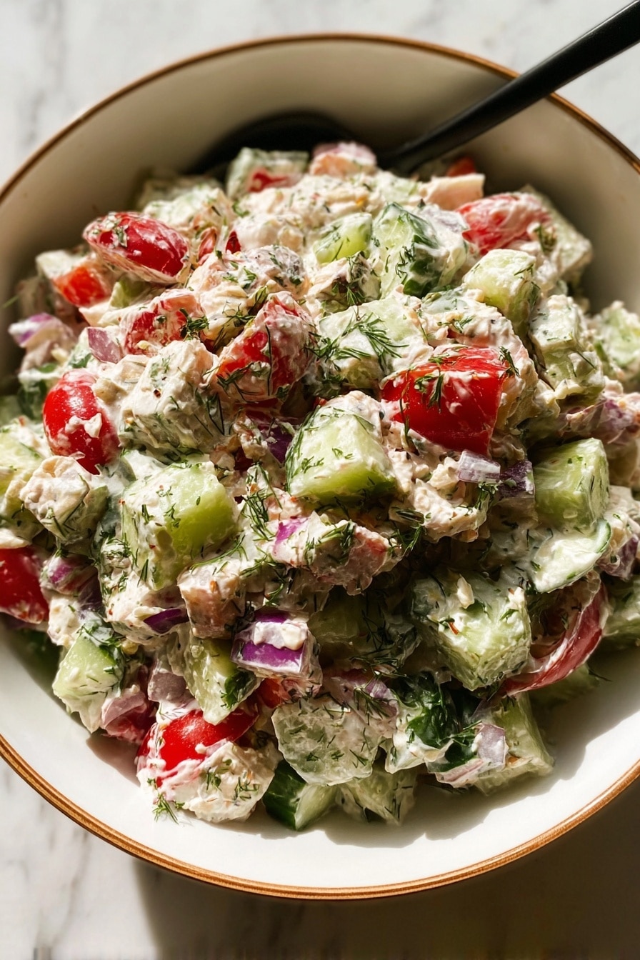 Greek Chicken Salad with Tzatziki Recipe 8 A close-up view of a thick salad in a white bowl with a thin brown rim, filled with creamy white mixed with chunks of light green celery, bright red tomato pieces, dark green cucumber slices, and small bits of purple onion, all mixed together and sprinkled lightly with green herbs, with a black spoon scooping some from the bowl, the whole scene set on a white marbled texture photo taken with an iphone --ar 2:3 --v 7 - Greek Chicken Salad with Tzatziki, Greek Chicken Salad, Tzatziki Chicken Salad, Mediterranean Chicken Salad, Healthy Greek Salad