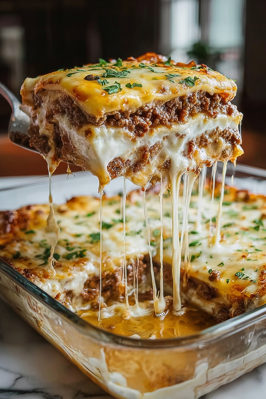 Beef Taco Casserole with Biscuit Topping Recipe 8 A slice of lasagna being lifted from a clear glass baking dish shows five layers: a golden-yellow melted cheese top with green herb garnish, a thick layer of browned ground meat below, a creamy white layer of sauce beneath the meat, another meat layer, and a final creamy cheese layer at the bottom. The lifted slice stretches melted cheese strings down to the dish where a rich sauce pools around the base. The background is softly blurred, and the dish rests on a white marbled surface. photo taken with an iphone --ar 2:3 --v 7 - Beef Taco Casserole with Biscuit Topping, easy beef casserole recipes, taco casserole with biscuit crust, hearty weeknight dinner ideas, comfort food casserole