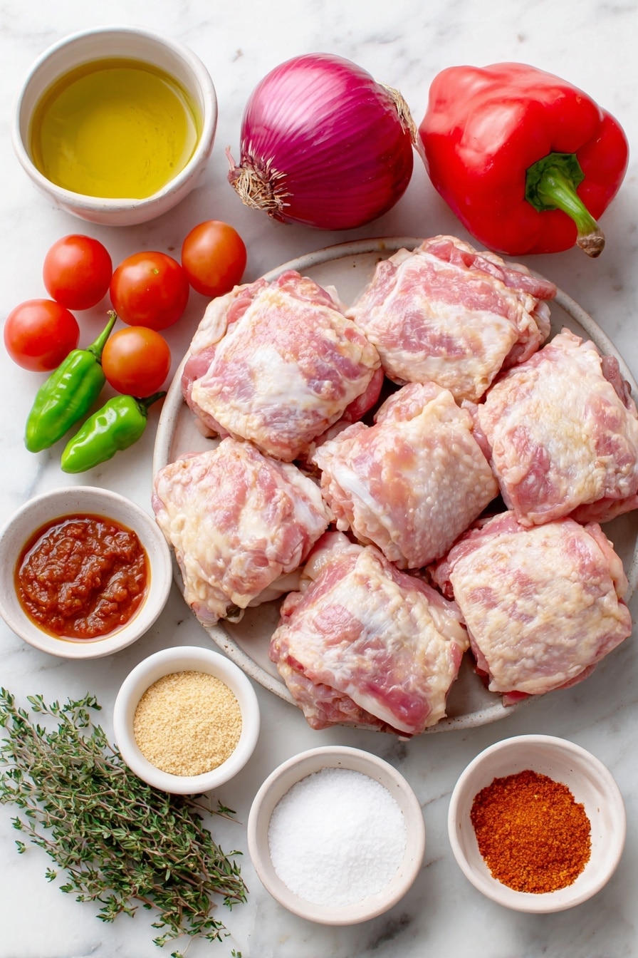 Nigerian Chicken Stew Recipe 7 Flat lay of bone-in chicken thighs with clean skin, a whole uncracked white onion, a small white ceramic bowl of golden vegetable oil, four fresh Roma tomatoes, one large red bell pepper, one small whole red onion, two fresh bright green and red scotch bonnet peppers, a small white bowl of deep red tomato paste, a small white bowl of fine garlic powder, a small white bowl of light beige ginger powder, one golden bouillon cube, a small white bowl of coarse salt, scattered sprigs of fresh green thyme, and a small pile of vibrant red paprika and golden curry powder powders, all arranged symmetrically on a simple white ceramic plate and bowls placed on a clean white marble surface, soft natural light, photo taken with an iPhone, professional food photography style, fresh ingredients, white ceramic bowls, no bottles, no duplicates, no utensils, no packaging --ar 2:3 --v 7 --p m7354615311229779997 - Nigerian Chicken Stew, Nigerian Chicken Stew Recipe, Nigerian spicy stew, Nigerian chicken dishes, African chicken stew