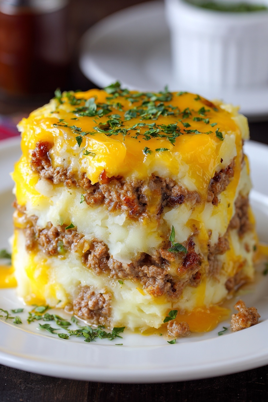 Best Beef Taco Casserole Recipe 8 A close-up of a rectangular lasagna in a clear glass dish showing three thick layers of melted cheese in white and yellow on top, with a middle layer of browned ground meat and pasta sheets visible, garnished with small green herbs scattered over the surface. A woman's hand is lifting one piece with melted cheese stretching down from the slice. The background is a white marbled texture. photo taken with an iphone --ar 2:3 --v 7 - Best Beef Taco Casserole, beef taco casserole, taco casserole recipe, cheesy beef casserole, easy taco bake
