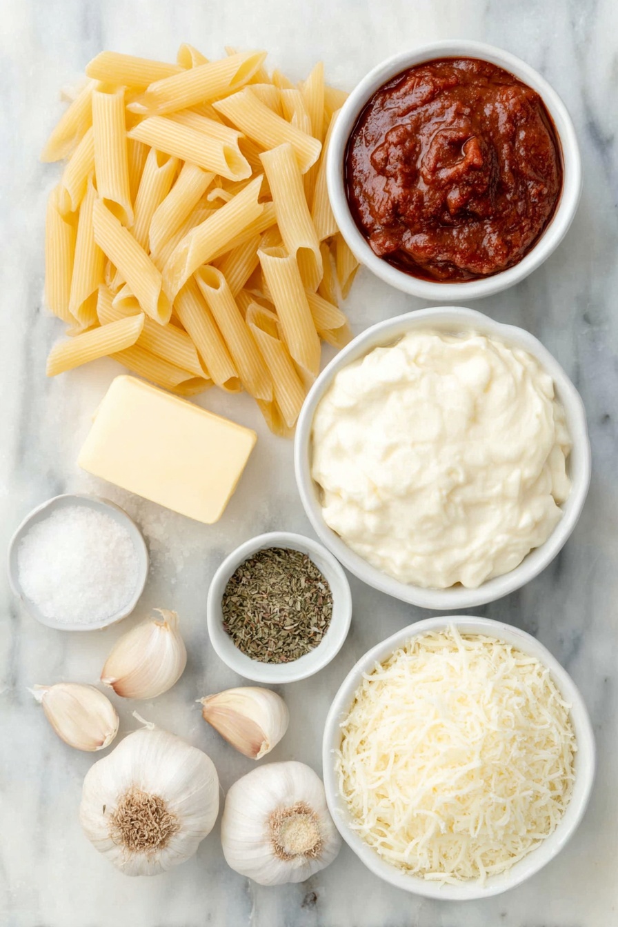 Creamy Tomato Pasta Recipe 7 Flat lay of a small pile of dry uncooked penne pasta, a few whole cloves of fresh garlic with papery skins intact, a small pat of golden butter, a small white bowl of deep red tomato paste, a small white bowl of smooth rich tomato sauce, a small white bowl of thick creamy heavy cream, a small white bowl of mixed Italian dried herbs, a small white bowl of coarse salt crystals, a small white bowl of whole black peppercorns, and a small white bowl filled with finely grated fresh parmesan cheese, all arranged symmetrically on a clean white marble surface, soft natural light, photo taken with an iPhone, professional food photography style, fresh ingredients, white ceramic bowls, no bottles, no duplicates, no utensils, no packaging --ar 2:3 --v 7 --p m7354615311229779997 - Creamy Tomato Pasta, Easy Creamy Tomato Pasta, Quick Creamy Tomato Pasta, Comforting Tomato Pasta, Rich and Creamy Pasta