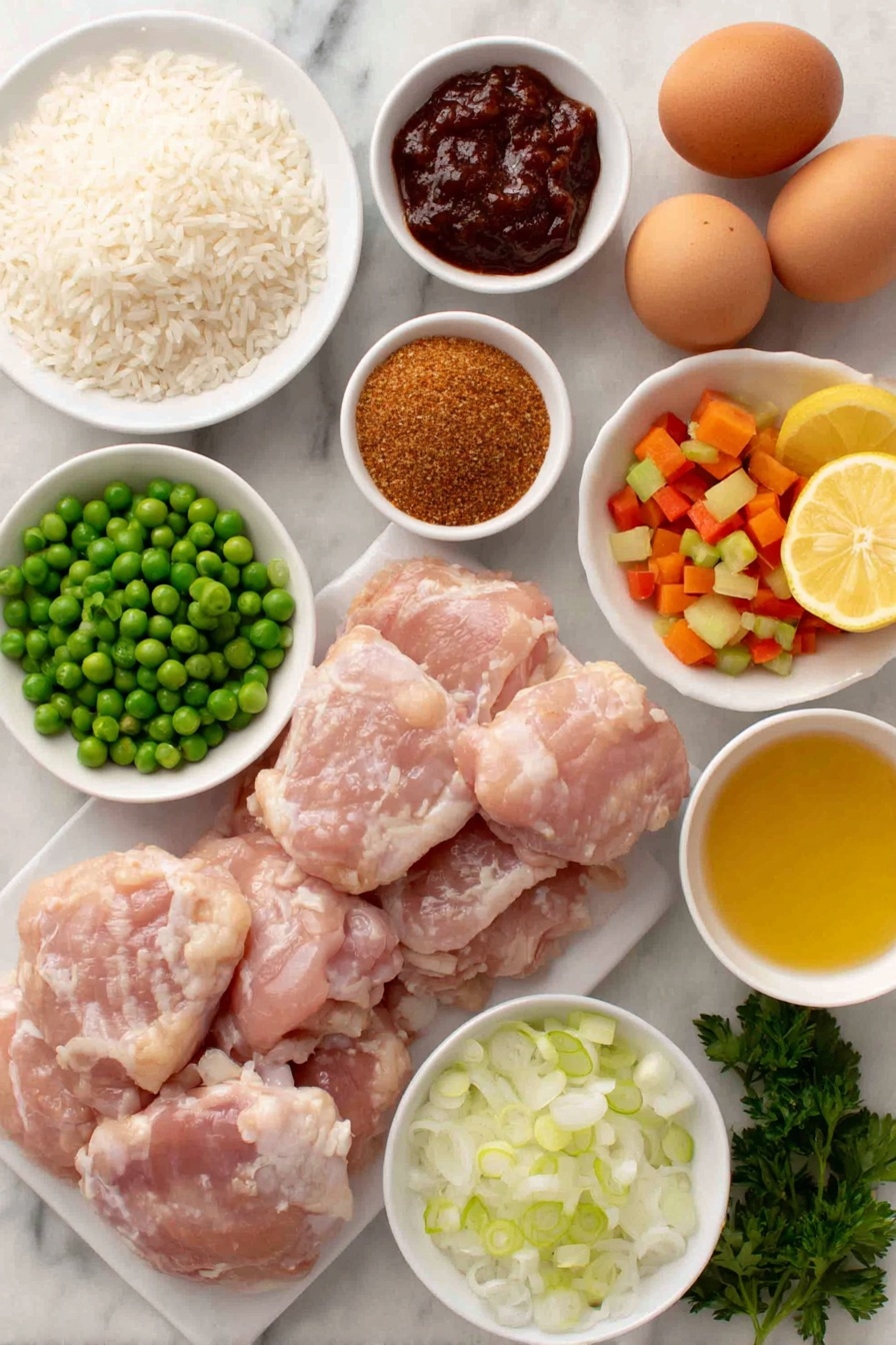 Jerk Chicken and Rice Recipe 7 Flat lay of fresh boneless chicken thighs with a natural pale pink color, a small white ceramic bowl of coarse caramel-colored Delmas poultry seasoning, another small white bowl containing a reddish-brown jerk seasoning powder, a mound of uncooked white basmati rice grains, a handful of bright green peas mixed with small orange carrot cubes on a white ceramic plate, two fresh green onions sliced diagonally, roughly chopped white onions in a small white bowl, a halved lemon showing vibrant yellow flesh with juice droplets, a small white bowl filled with thick deep red tomato paste, two whole brown eggs with smooth clean shells, a small white bowl of clear golden neutral cooking oil, a small white bowl of light amber chicken stock, a mixture of diced green and red bell peppers on a white ceramic plate, fresh bright green parsley leaves arranged neatly on a small white bowl, all arranged in perfect symmetry and balanced proportions, placed on a clean white marble surface, soft natural light, photo taken with an iPhone, professional food photography style, fresh ingredients, white ceramic bowls, no bottles, no duplicates, no utensils, no packaging --ar 2:3 --v 7 --p m7354615311229779997 - Jerk Chicken and Rice, Jamaican jerk chicken, Caribbean rice dish, spicy jerk chicken recipe, flavorful dinner ideas