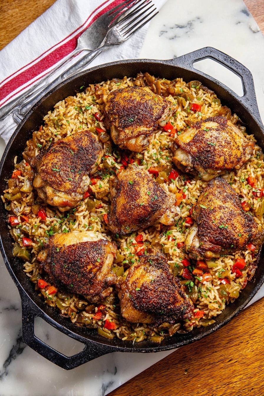 Jerk Chicken and Rice Recipe 8 A cast iron pan filled with cooked rice mixed with small pieces of red and green bell peppers and herbs forms the base layer, showing a slightly crispy texture around the edges. On top of the rice, there are eight pieces of browned and seasoned chicken thighs arranged evenly in a circle around the center. The chicken pieces have a golden to dark brown color with some charring and visible seasoning on the skin. Small bits of red and green peppers are scattered over the rice and chicken, adding splashes of color. The pan sits on a white marbled surface, next to a white cloth with red stripes and a fork nearby. Photo taken with an iphone --ar 2:3 --v 7 - Jerk Chicken and Rice, Jamaican jerk chicken, Caribbean rice dish, spicy jerk chicken recipe, flavorful dinner ideas