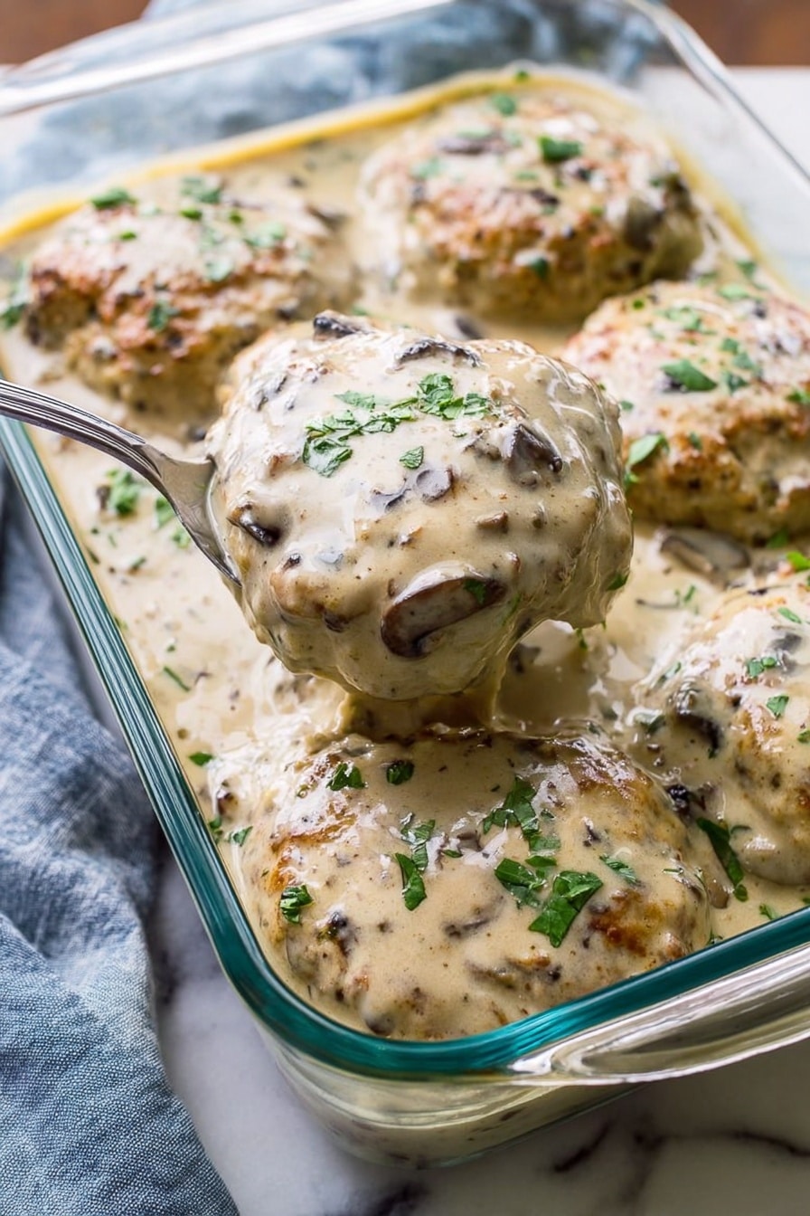 Poor Man’s Hamburger Steaks with Mushroom Gravy Recipe 8 A clear glass baking dish holds six large, round patties covered in creamy, light beige sauce with small dark bits, likely mushrooms, mixed in. Each patty is thick and mostly round, with a smooth, slightly textured surface. Fresh green herbs are sprinkled on top of the patties and sauce, adding color contrast. A silver spoon lifts one patty from the dish, showing the creamy sauce at the bottom and sides. The dish is on a white marbled surface, with a blue and white cloth partially visible underneath. The lighting is soft and natural, highlighting the sauce’s creamy texture and the herbs. photo taken with an iphone --ar 2:3 --v 7 - Poor Man’s Hamburger Steaks with Mushroom Gravy, budget-friendly hamburger steaks, easy comfort food recipes, hearty mushroom gravy dishes, simple family-friendly dinner ideas
