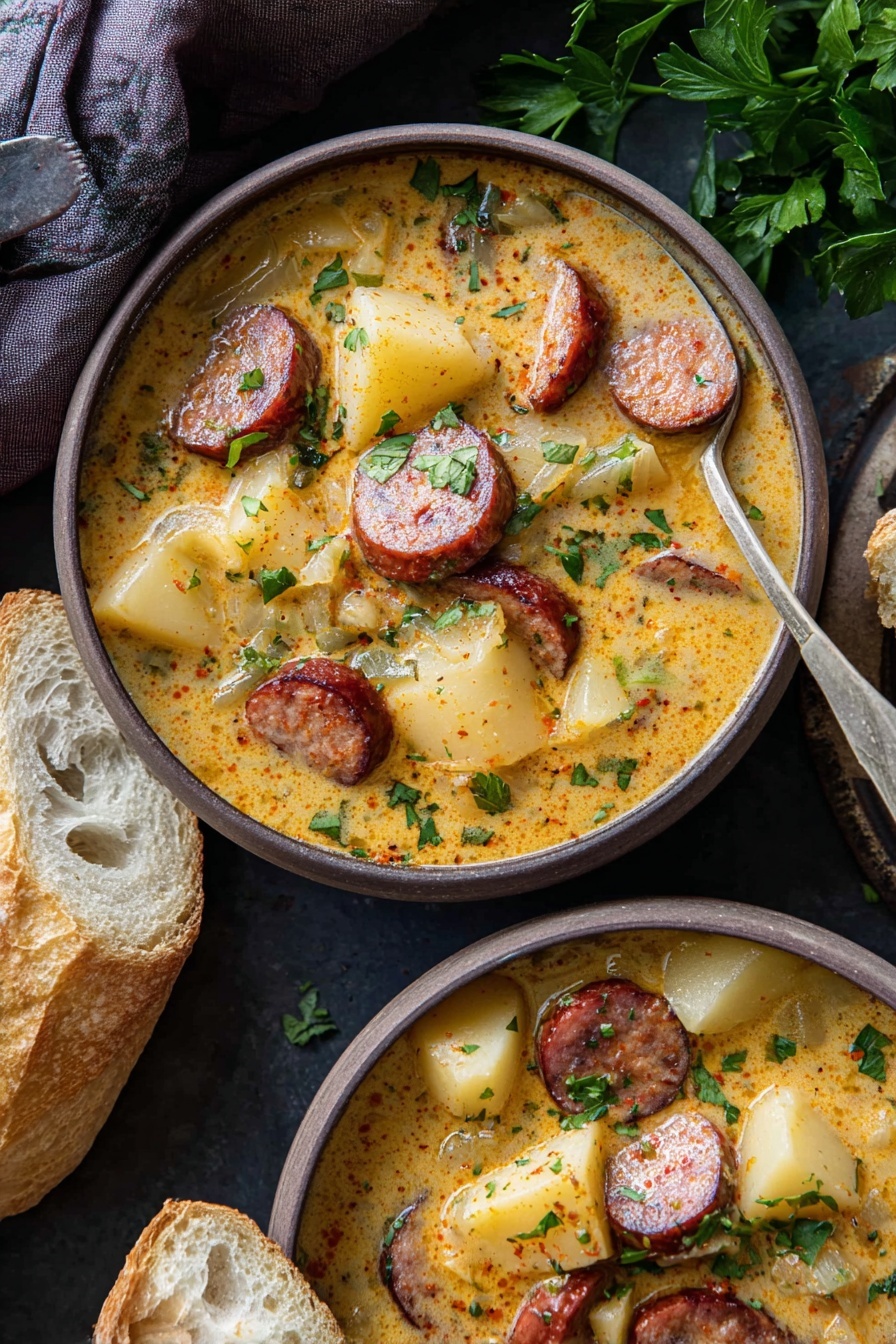 Cajun Potato Soup with Sausage Recipe 6 A close-up view of two bowls filled with creamy sausage soup, each bowl holding a mix of sliced brown sausage and large pale yellow potato chunks all covered in a thick orange-yellow broth speckled with herbs. The bowls sit on a dark surface with fresh green parsley scattered around, a white marbled texture underneath. A silver spoon rests inside the bottom bowl, with a torn piece of crusty bread placed nearby on the surface. The photo has warm lighting highlighting the textures of the soup and the bread. Photo taken with an iphone --ar 2:3 --v 7 - Cajun Potato Soup with Sausage, Cajun potato soup, spicy sausage potato soup, creamy Cajun soup, hearty Cajun potato chowder