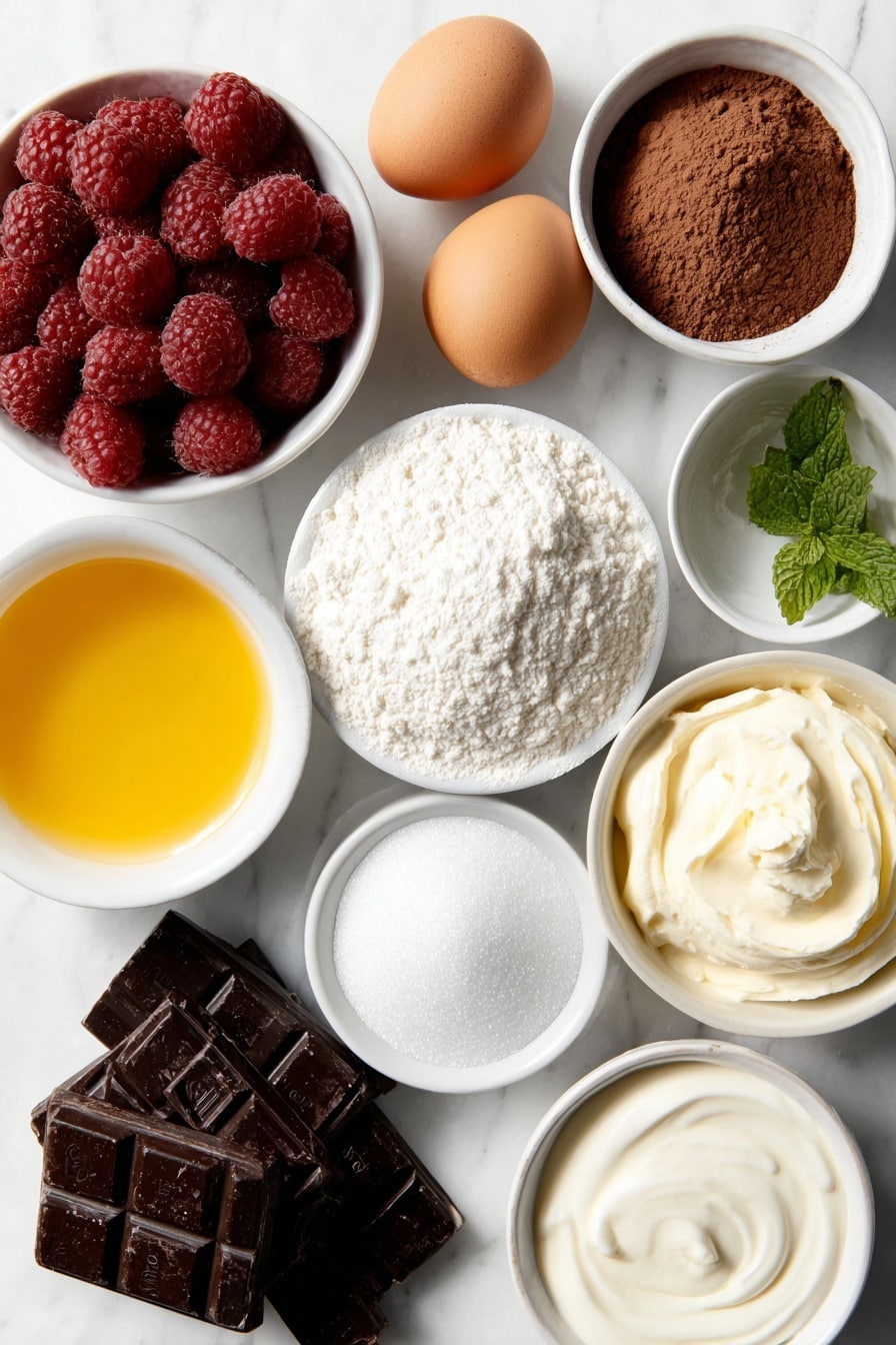 Decadent Chocolate Raspberry Cake Recipe 7 Flat lay of a small pile of fresh plump red raspberries, two large brown eggs with smooth uncracked shells, a mound of natural unsweetened cocoa powder, a neat heap of all-purpose flour, a small white ceramic bowl filled with granulated sugar, a small white ceramic bowl of translucent water, a small white ceramic bowl of golden vegetable oil, a small white ceramic bowl of thick creamy sour cream, a small white ceramic bowl of creamy buttermilk, a small white ceramic bowl with fine espresso powder, a small white ceramic bowl with vanilla extract, a small white ceramic bowl holding fine confectioners’ sugar, a block of finely chopped semi-sweet dark chocolate arranged neatly, a small white ceramic bowl of heavy cream, a few fresh green mint sprigs, and a few whole mini semi-sweet chocolate chips dusted lightly with flour—all ingredients fresh and natural, arranged symmetrically and balanced with perfect proportions on a clean white marble surface, soft natural light, photo taken with an iPhone, professional food photography style, fresh ingredients, white ceramic bowls, no bottles, no duplicates, no utensils, no packaging --ar 2:3 --v 7 --p m7354615311229779997 - Decadent Chocolate Raspberry Cake, chocolate raspberry cake recipe, best chocolate raspberry cake, easy chocolate cake with raspberry filling, rich chocolate raspberry dessert