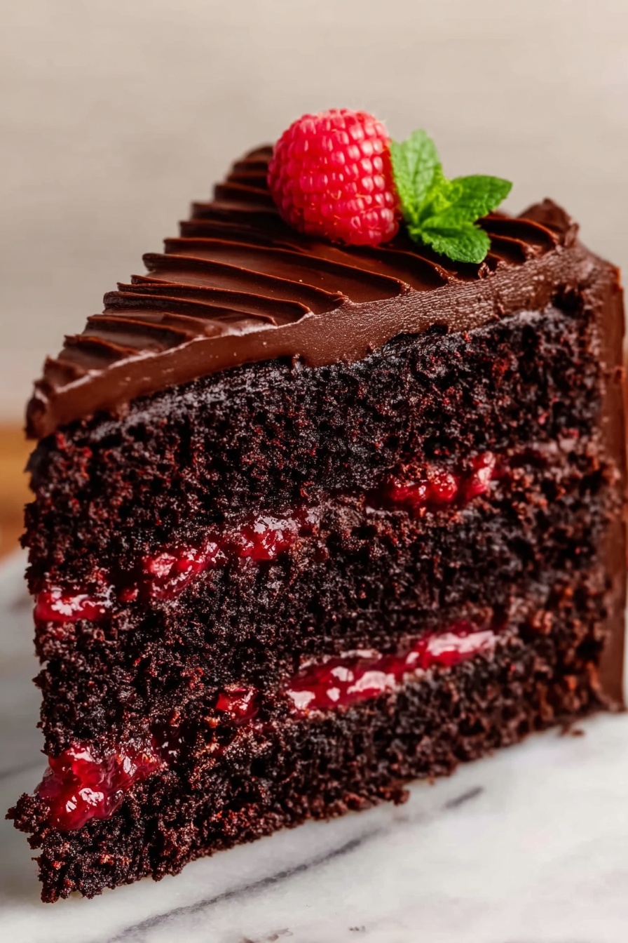 Decadent Chocolate Raspberry Cake Recipe 8 A close-up view of a slice of chocolate cake with three visible layers of dark, moist chocolate sponge. Between the sponge layers, there are thin layers of bright red raspberry filling that look slightly shiny and textured. The top of the cake is covered with a smooth, thick layer of dark chocolate frosting with gentle swirls. On top, there is a fresh red raspberry and a small green mint leaf as decoration. The cake is placed on a white marbled surface. photo taken with an iphone --ar 2:3 --v 7 - Decadent Chocolate Raspberry Cake, chocolate raspberry cake recipe, best chocolate raspberry cake, easy chocolate cake with raspberry filling, rich chocolate raspberry dessert