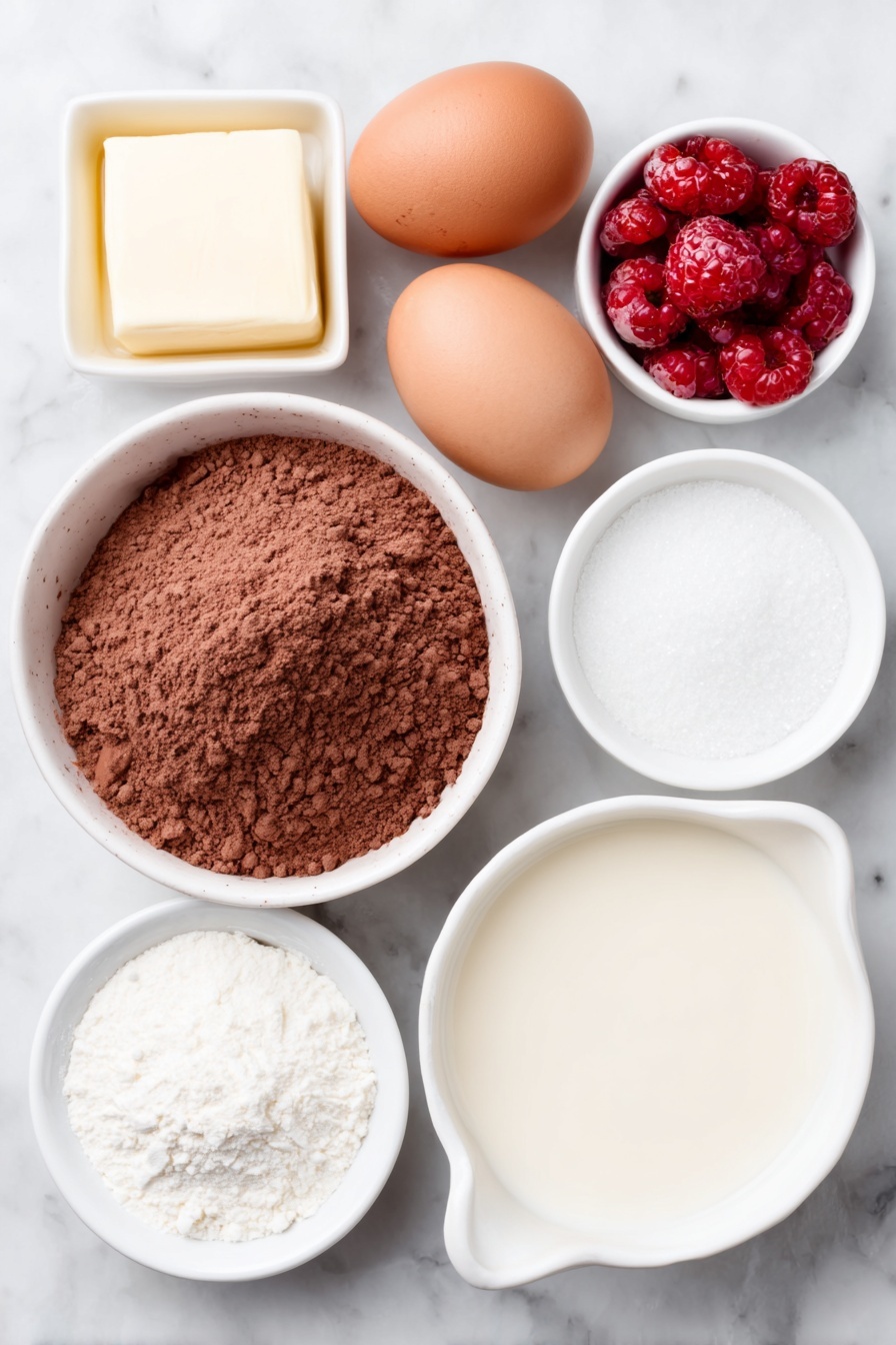 Flach lag ein kleiner Haufen ungesüßtes Kakaopulver, zwei ungebrochene braune Eier mit sauberen Schalen, ein kleiner Tupfer ungesalzener Butter, ein paar frische Himbeeren, die natürlich gestreut wurden, eine kleine weiße Keramikschale gefüllt mit Vollmilch, eine kleine weiße Schale mit feinem weißem Kristallzucker und eine kleine weiße Schale mit feinem weißem Salz,  ein winziger Haufen Backpulver und eine kleine weiße Schale mit klarem Himbeerextrakt, die symmetrisch darum herum platziert sind, alle auf einer sauberen weißen Marmoroberfläche angeordnet, weiches natürliches Licht, Foto mit einem iPhone, professioneller Food-Fotografie-Stil, frische Zutaten, weiße Keramikschalen, keine Flaschen, keine Duplikate, kein Besteck, keine Verpackung – ar 2:3 – v 7 –p m7354615311229779997 – Dunkle Schokoladen-Himbeer-Muffe-Kuchen,  Schokoladen-Himbeer-Mousse-Dessert, geschichteter Schokoladenbeerenkuchen, elegante Schoko-Himbeer-Leckerei, einfaches Schokoladenbeer-Dessert