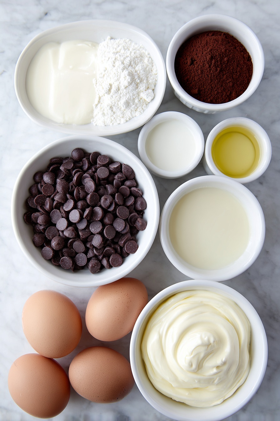 Crockpot Hot Chocolate Recipe 7 Flat lay of a small white ceramic bowl filled with glossy semi-sweet chocolate chips, a small white bowl of smooth unsweetened cocoa powder, a small white bowl holding rich heavy whipping cream, a small white bowl with golden sweetened condensed milk, a small white bowl containing fresh whole milk, a single small white bowl with clear vanilla extract, and two whole uncracked brown eggs arranged symmetrically, placed on a clean white marble surface, soft natural light, photo taken with an iPhone, professional food photography style, fresh ingredients, white ceramic bowls, no bottles, no duplicates, no utensils, no packaging --ar 2:3 --v 7 --p m7354615311229779997 - Crockpot Hot Chocolate, easy hot chocolate, slow cooker hot chocolate, creamy hot chocolate, cozy winter drinks