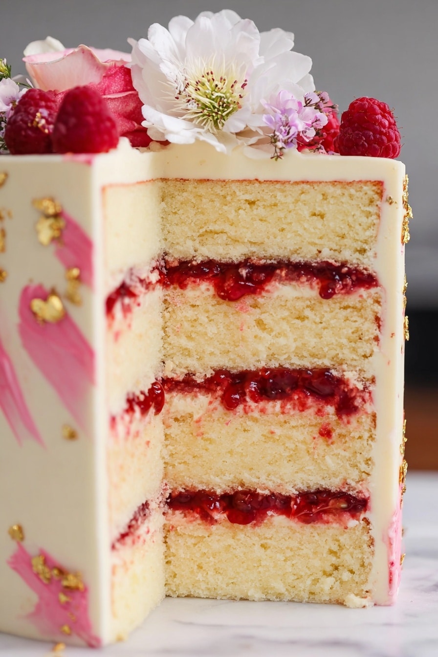 Easy Raspberry Cake Filling Recipe 6 A slice of four-layer white cake is placed on a white plate with subtle ridged details. The cake has three evenly spaced layers of red berry filling between the four thick, soft, and light cream-colored cake layers. The outside is covered with smooth creamy white frosting. In the background, a bowl filled with fresh red raspberries sits on a white marbled surface, along with a gold fork and a red cake server piece resting nearby. Photo taken with an iphone --ar 2:3 --v 7 - Easy Raspberry Cake Filling, raspberry cake filling recipe, homemade raspberry filling, fruit cake filling, raspberry dessert filling