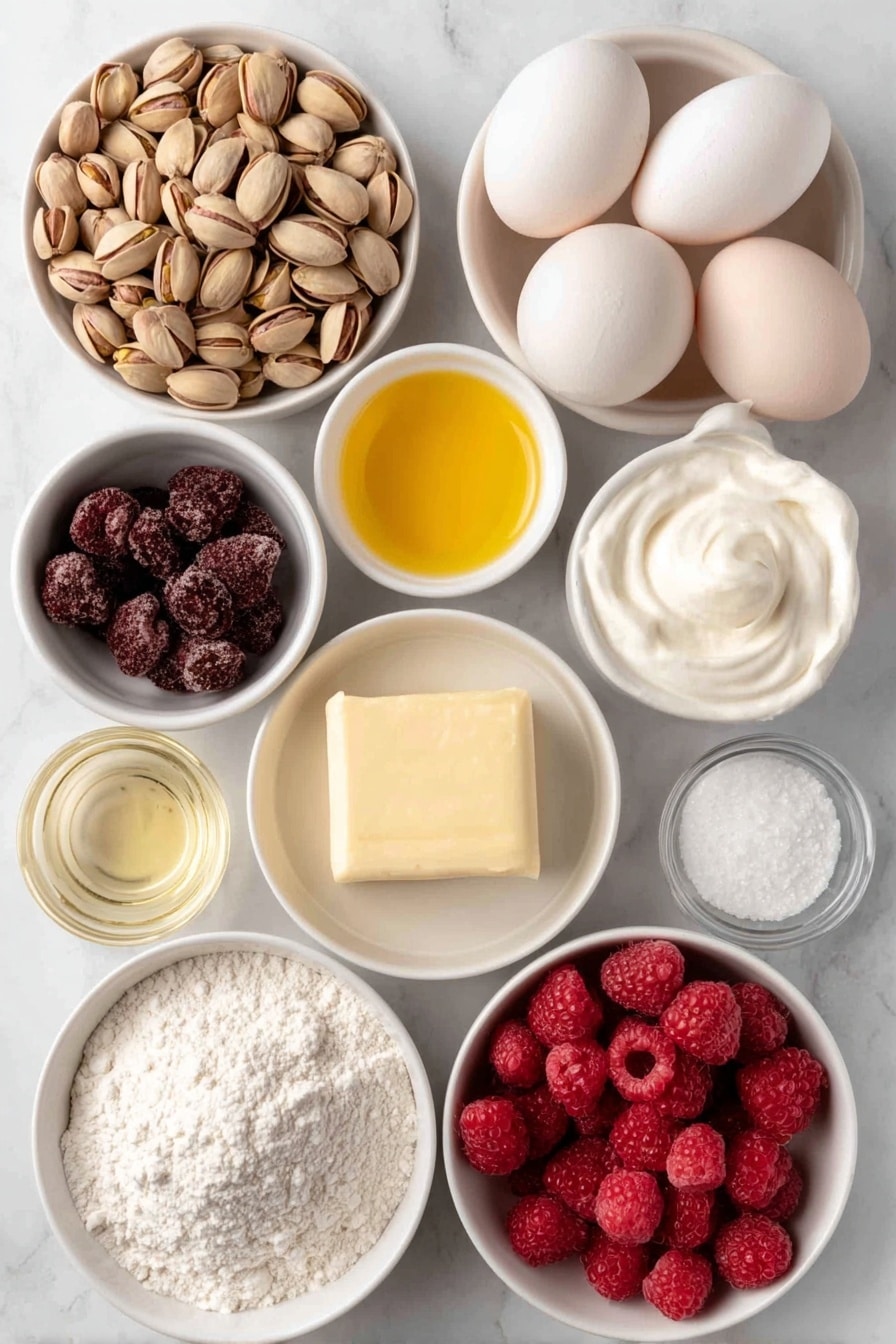 Raspberry Pistachio Cake Recipe 7 Flat lay of unshelled pistachios in a small pile, a small white bowl filled with all-purpose flour, a small white bowl containing baking powder and baking soda combined, a pinch of coarse salt neatly arranged on the surface, a small white bowl of melted unsalted butter showing a golden liquid, a small white bowl filled with granulated sugar, three large whole eggs with clean shells, a small white bowl with creamy Greek yogurt, a small white bowl containing light-tasting oil with a pale yellow hue, a small white bowl of clear vanilla extract, fresh bright red raspberries scattered naturally, a small white bowl of powdered sugar, a small white bowl of softened unsalted butter showing a creamy texture, a small white bowl of smooth heavy cream, all ingredients spaced evenly and symmetrically on a clean white marble surface, soft natural light, photo taken with an iPhone, professional food photography style, fresh ingredients, white ceramic bowls, no bottles, no duplicates, no utensils, no packaging --ar 2:3 --v 7 --p m7354615311229779997 - Raspberry Pistachio Cake, Raspberry Pistachio Cake Recipe, how to make Raspberry Pistachio Cake, easy Raspberry Pistachio Cake, homemade Raspberry Pistachio Cake