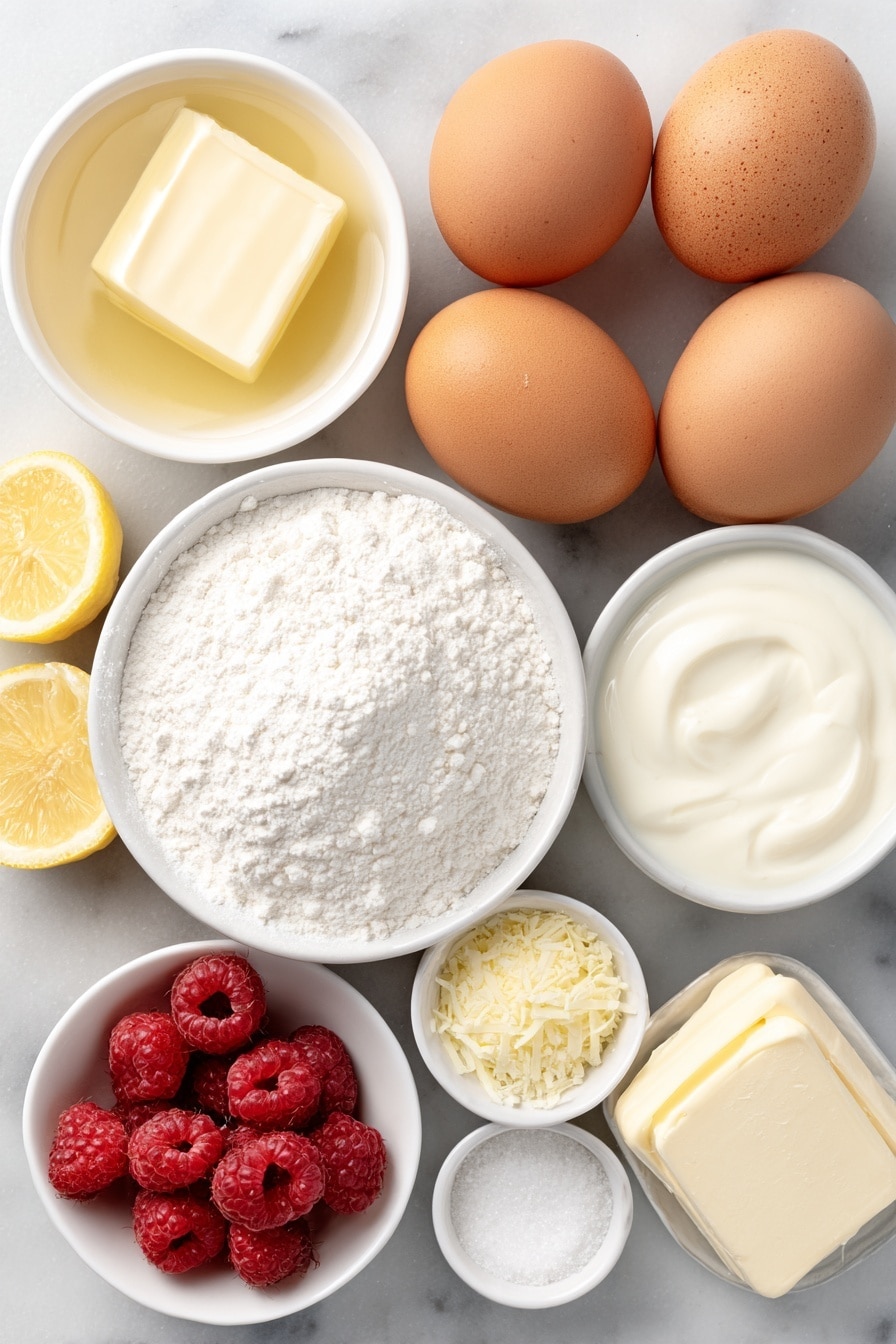 Lemon Raspberry Cake with Cream Cheese Frosting Recipe 7 Flat lay of a small pool of golden canola oil in a simple white ceramic bowl, three large brown eggs with clean shells arranged neatly, a small white bowl filled with creamy buttermilk, a small white bowl holding fresh lemon juice, a few bright yellow lemon slices alongside a small pile of finely grated fresh lemon zest, a small mound of white granulated sugar, a small heap of white all-purpose flour, a small white bowl with baking powder, a tiny white bowl containing baking soda, a small pinch of salt in a white ceramic bowl, fresh plump red raspberries scattered and also in a small white bowl, a stick of soft pale yellow butter, a block of soft cream cheese, and a small white bowl of snowy powdered sugar placed symmetrically, all arranged with perfect balance on a clean white marble surface, soft natural light, photo taken with an iPhone, professional food photography style, fresh ingredients, white ceramic bowls, no bottles, no duplicates, no utensils, no packaging --ar 2:3 --v 7 --p m7354615311229779997 - Lemon Raspberry Cake with Cream Cheese Frosting, Lemon Raspberry Cake, Raspberry Layer Cake, Lemon Dessert Recipe, Cream Cheese Frosting Cake