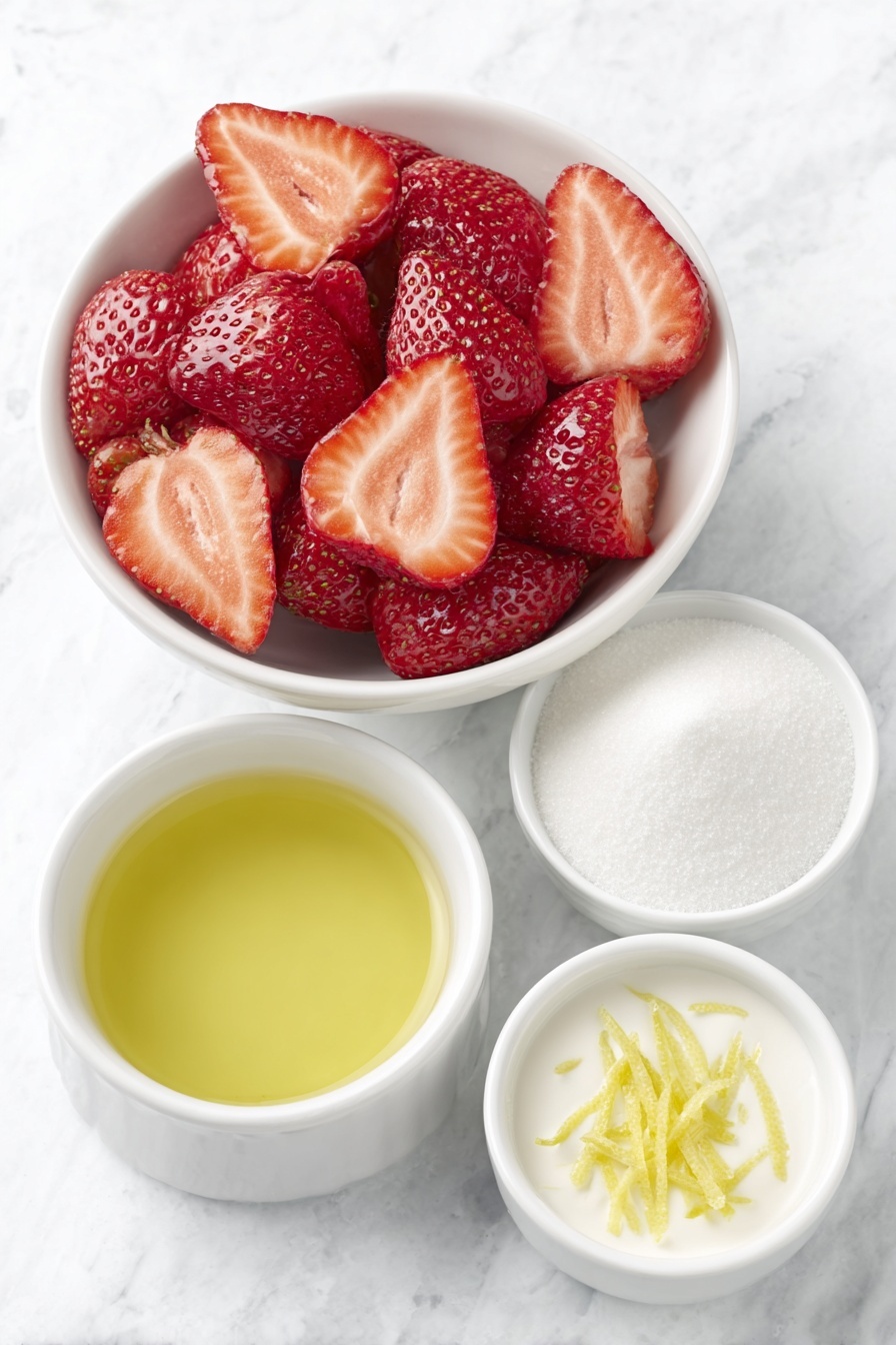 Easy Strawberry Cake Filling Recipe 7 Flat lay of fresh ripe strawberries sliced in half, a small white ceramic bowl filled with granulated sugar, a small white ceramic bowl containing bright yellow lemon juice, a small white ceramic bowl holding a smooth pale slurry of cornstarch mixed with water, and a few thin strands of fresh lemon zest arranged neatly, all placed on a clean white marble surface, soft natural light, photo taken with an iPhone, professional food photography style, fresh ingredients, white ceramic bowls, no bottles, no duplicates, no utensils, no packaging --ar 2:3 --v 7 --p m7354615311229779997 - Easy Strawberry Cake Filling, homemade strawberry filling, fruit filling for cakes, quick strawberry filling, fresh strawberry dessert