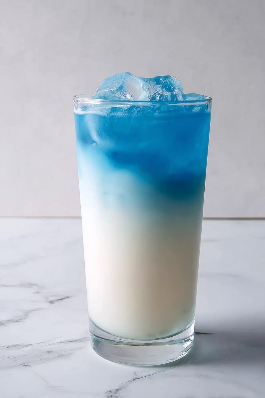 Blue Butterfly Pea Latte Recipe 8 A tall clear glass with two layers of drink sits on a white marbled surface. The bottom layer is creamy white, smooth in texture, making up about two-thirds of the glass. The top layer is bright blue with a slightly watery texture, filling the last third of the glass. Pieces of ice float on the blue layer, adding a shiny, translucent touch at the top. The background is plain and light. photo taken with an iphone --ar 2:3 --v 7 - Blue Butterfly Pea Latte, butterfly pea flower latte, vibrant blue tea latte, natural blue drink, easy butterfly pea latte recipe